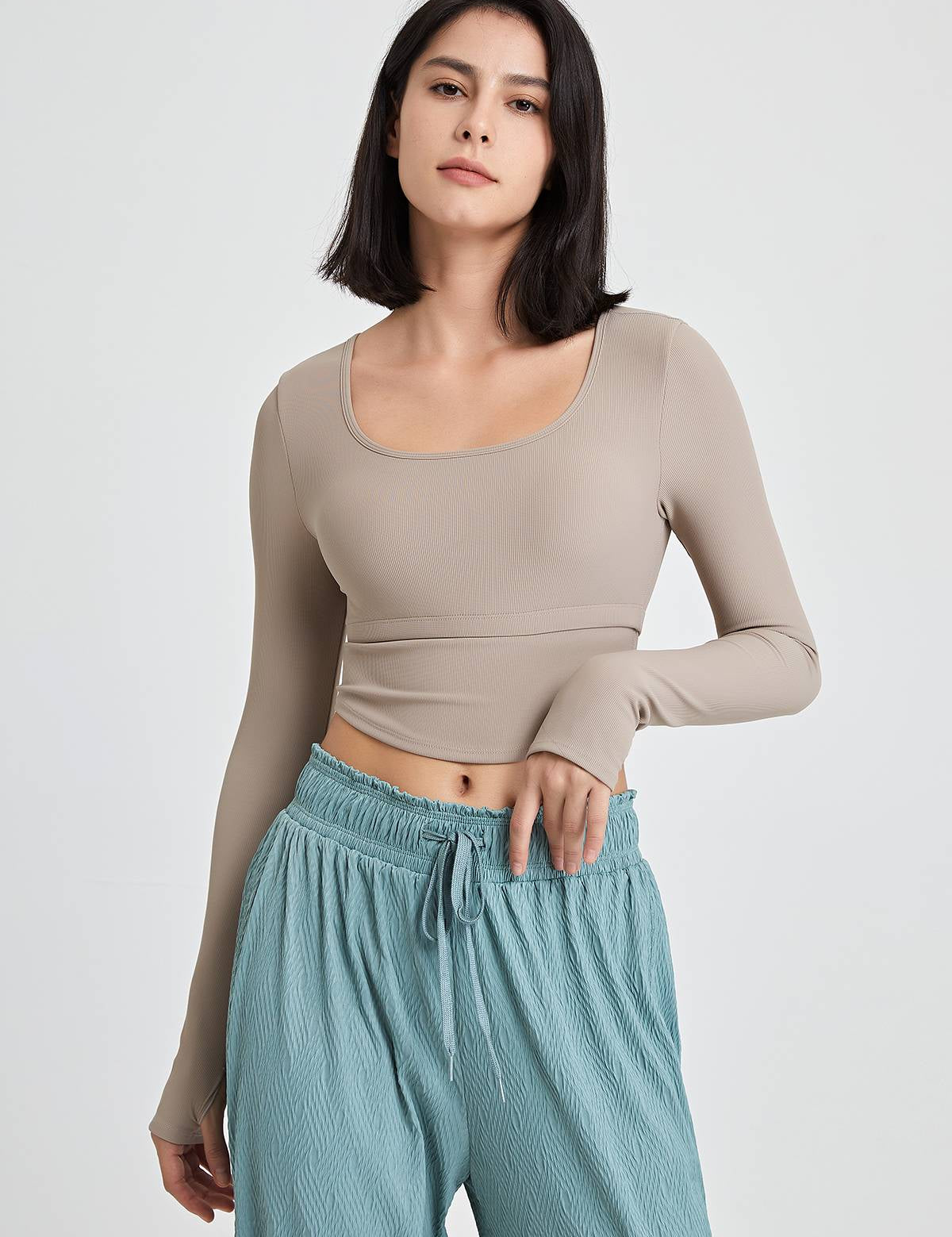 Ribbed Long Sleeve Crop Shirts with Built In Bra by bornfocus