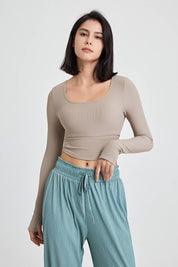 Ribbed Long Sleeve Crop Shirts with Built In Bra by bornfocus