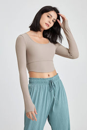 Ribbed Long Sleeve Crop Shirts with Built In Bra by bornfocus