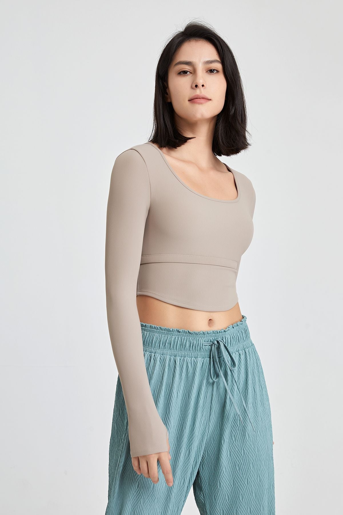 Ribbed Long Sleeve Crop Shirts with Built In Bra by bornfocus