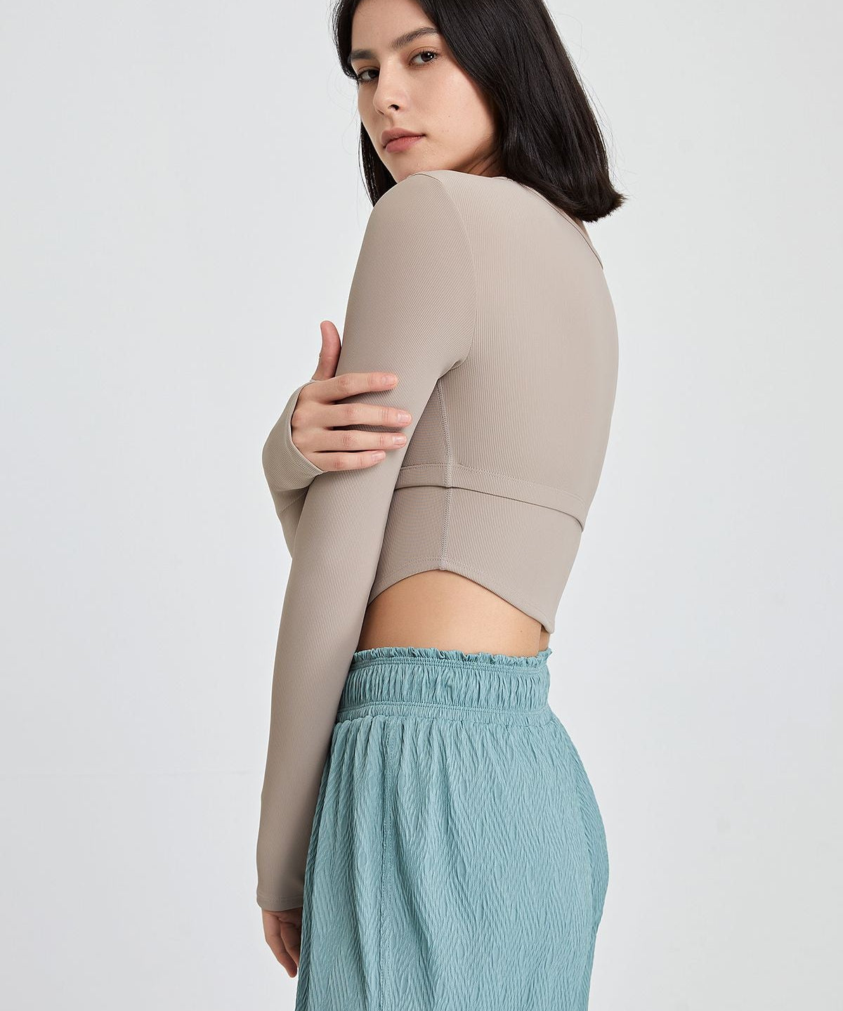 Ribbed Long Sleeve Crop Shirts with Built In Bra by bornfocus