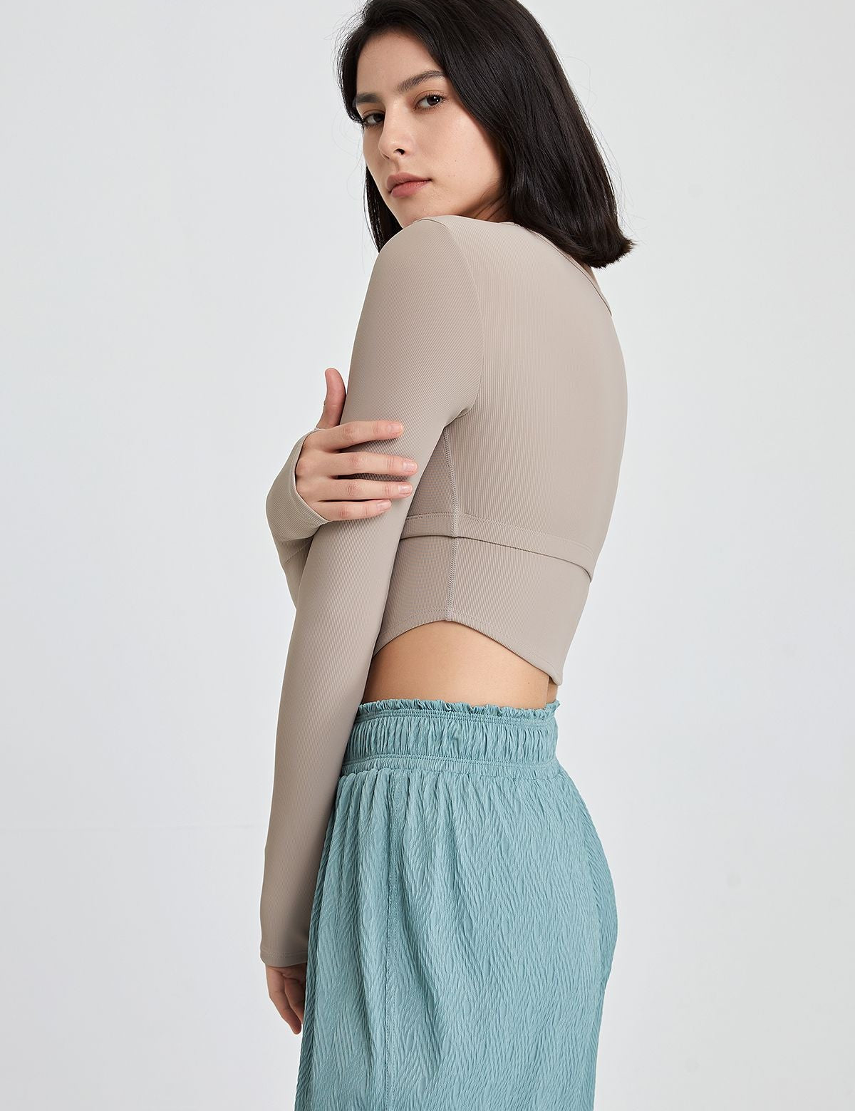 Ribbed Long Sleeve Crop Shirts with Built In Bra by bornfocus