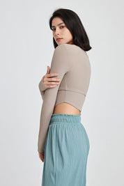 Ribbed Long Sleeve Crop Shirts with Built In Bra by bornfocus