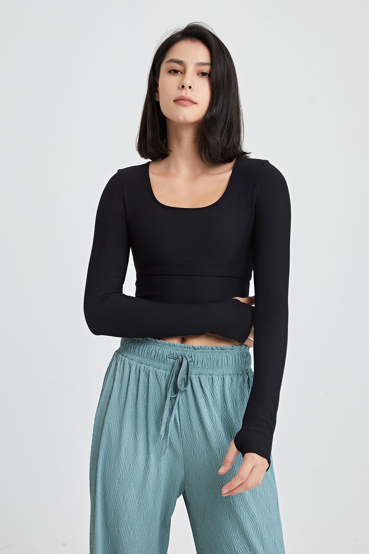 Ribbed Long Sleeve Crop Shirts with Built In Bra by bornfocus