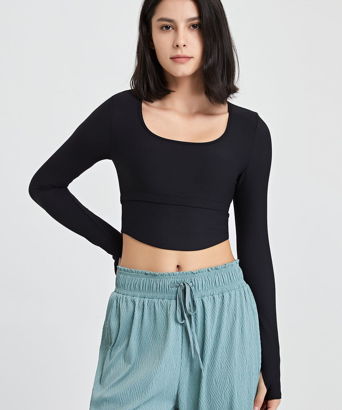 Ribbed Long Sleeve Crop Shirts with Built In Bra by bornfocus