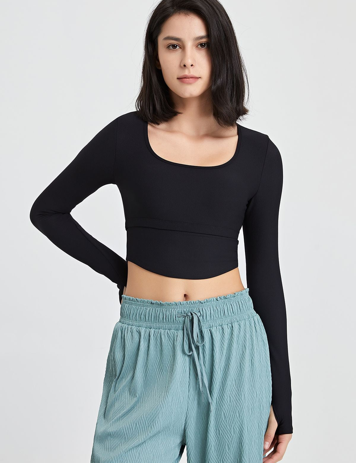 Ribbed Long Sleeve Crop Shirts with Built In Bra by bornfocus