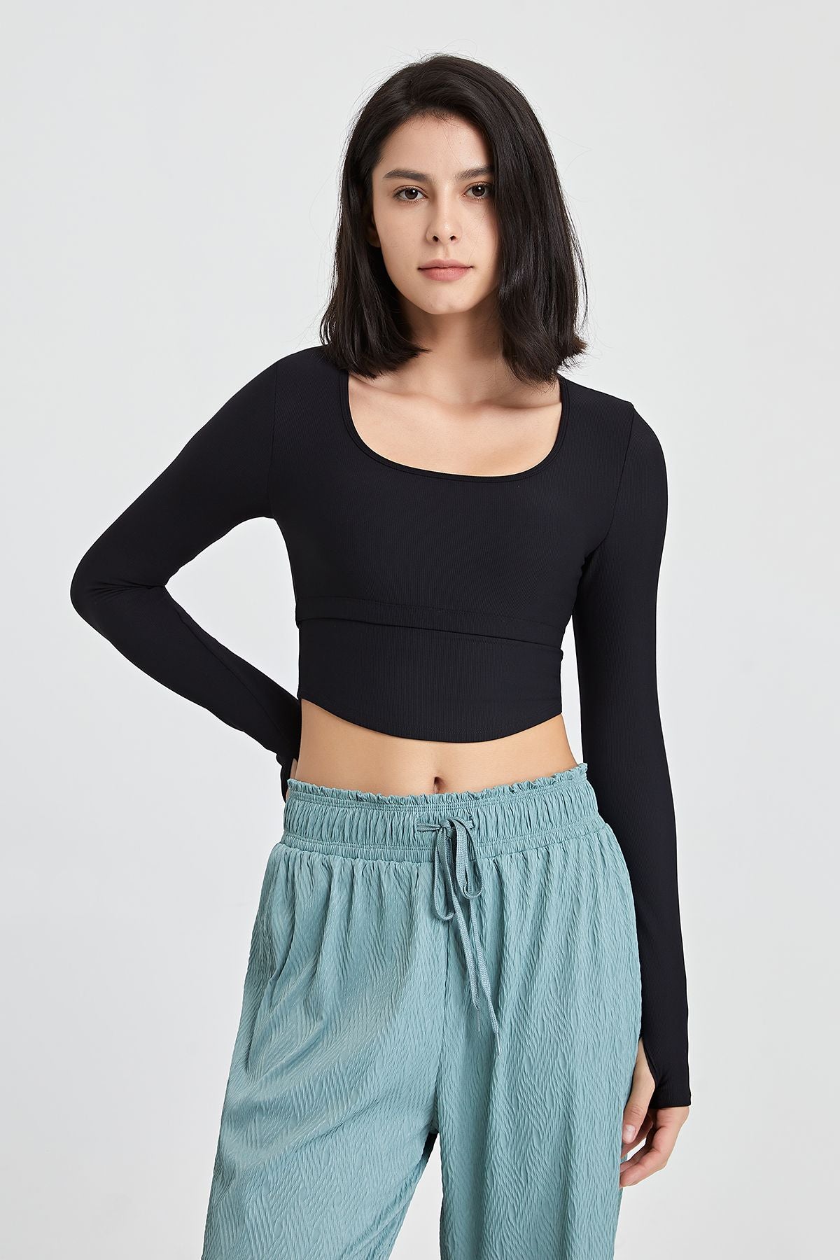 Ribbed Long Sleeve Crop Shirts with Built In Bra by bornfocus