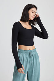 Ribbed Long Sleeve Crop Shirts with Built In Bra by bornfocus