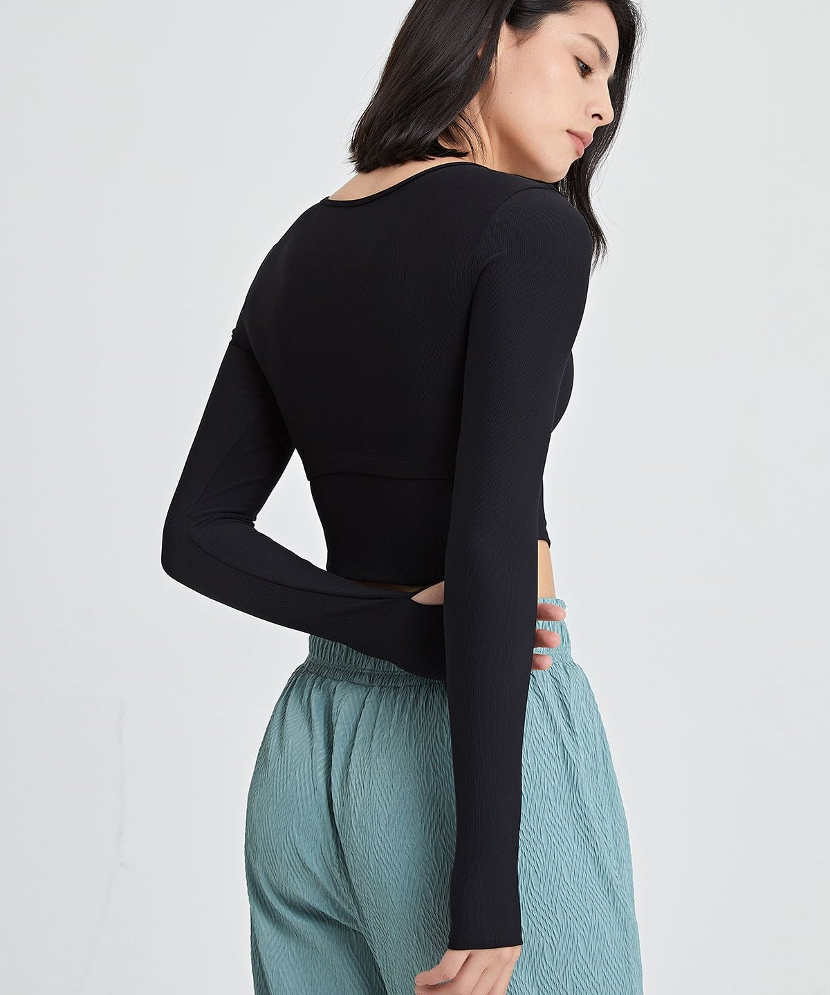 Ribbed Long Sleeve Crop Shirts with Built In Bra by bornfocus