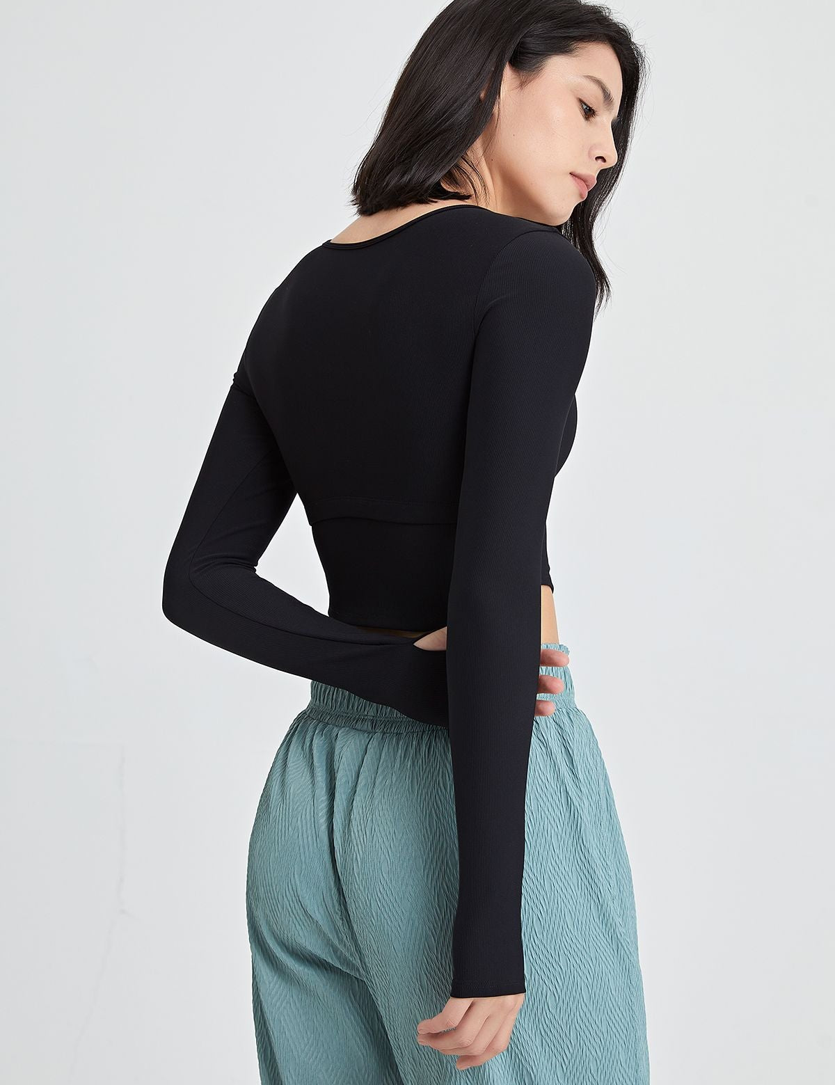 Ribbed Long Sleeve Crop Shirts with Built In Bra by bornfocus