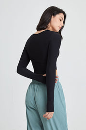 Ribbed Long Sleeve Crop Shirts with Built In Bra by bornfocus