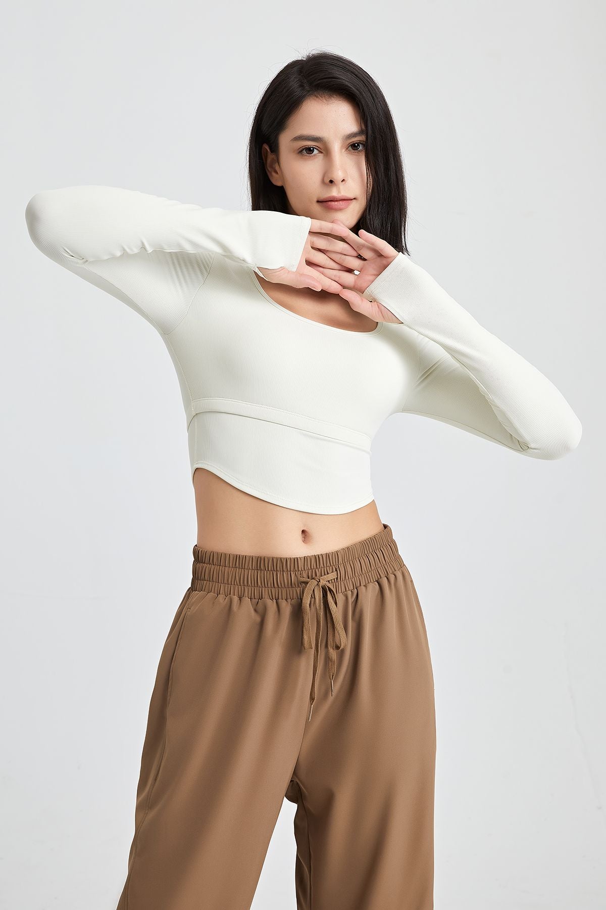 Ribbed Long Sleeve Crop Shirts with Built In Bra by bornfocus