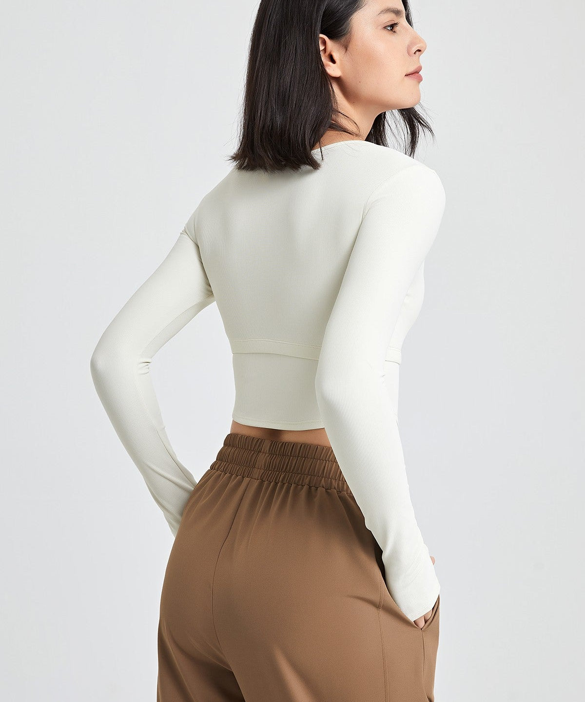 Ribbed Long Sleeve Crop Shirts with Built In Bra by bornfocus