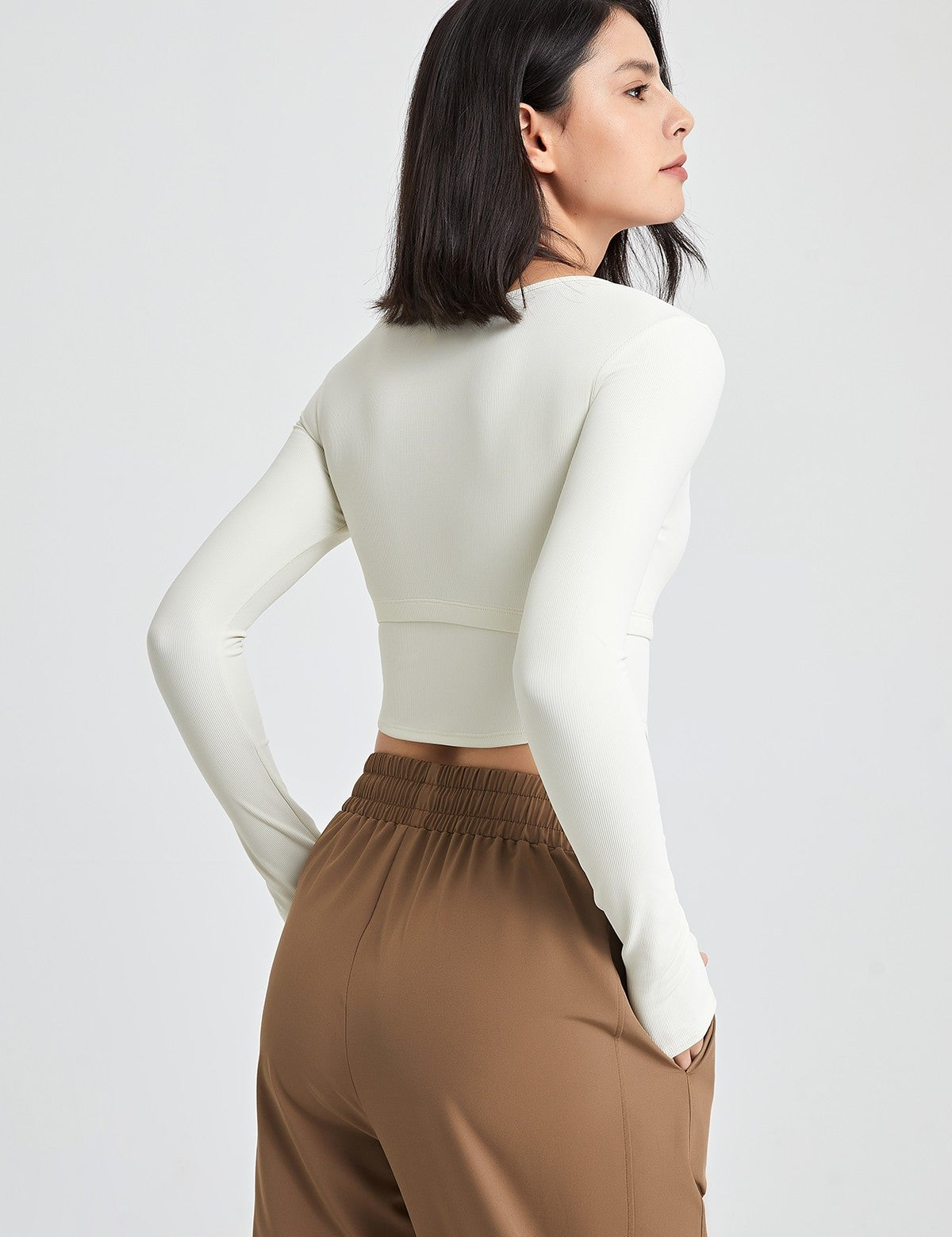 Ribbed Long Sleeve Crop Shirts with Built In Bra by bornfocus