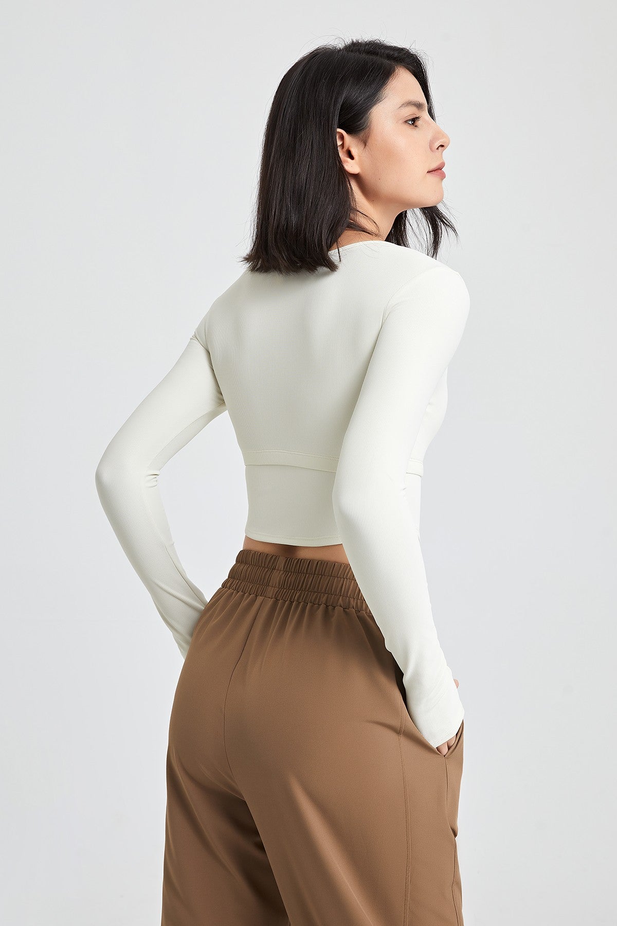 Ribbed Long Sleeve Crop Shirts with Built In Bra by bornfocus