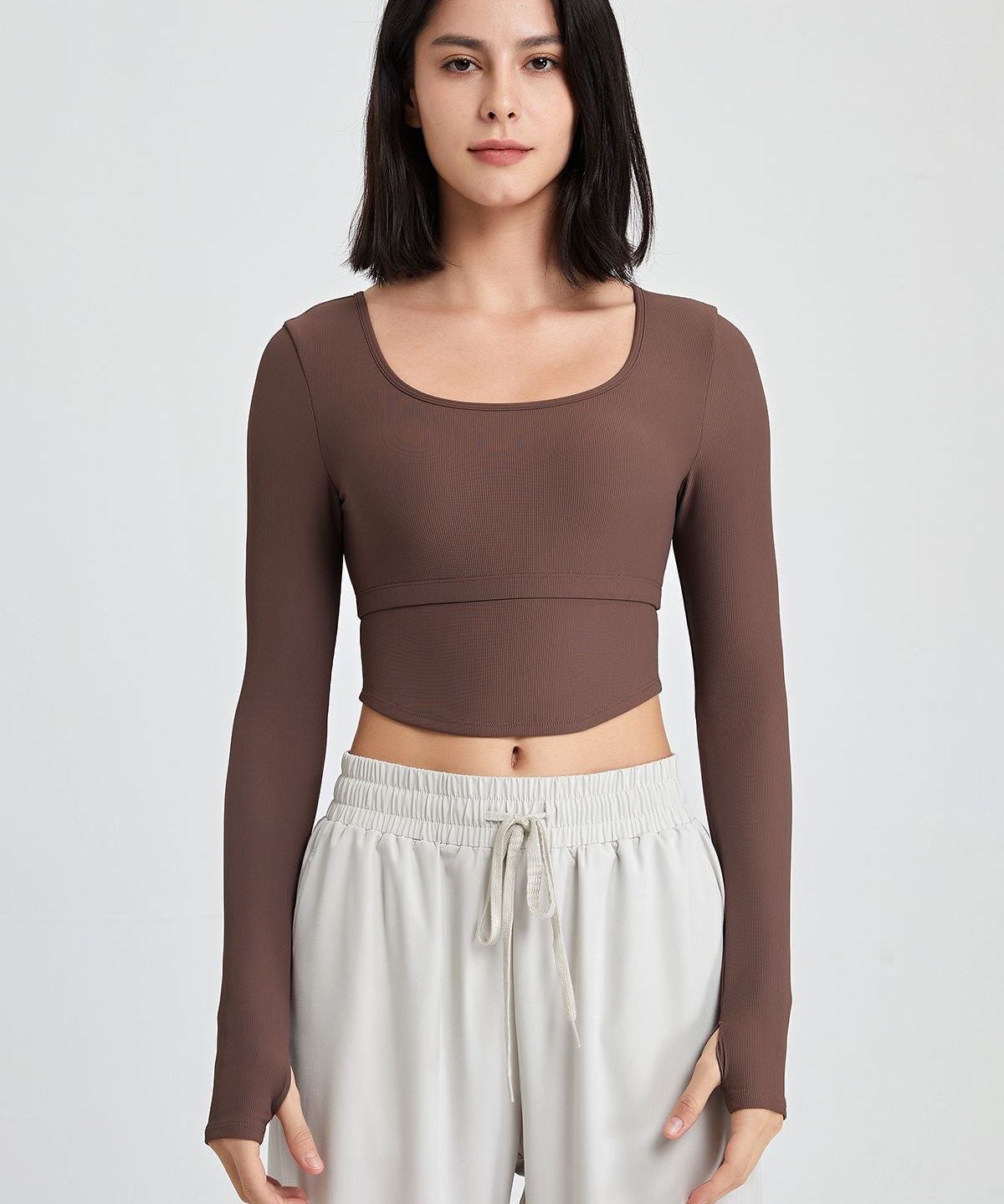 Ribbed Long Sleeve Crop Shirts with Built In Bra by bornfocus