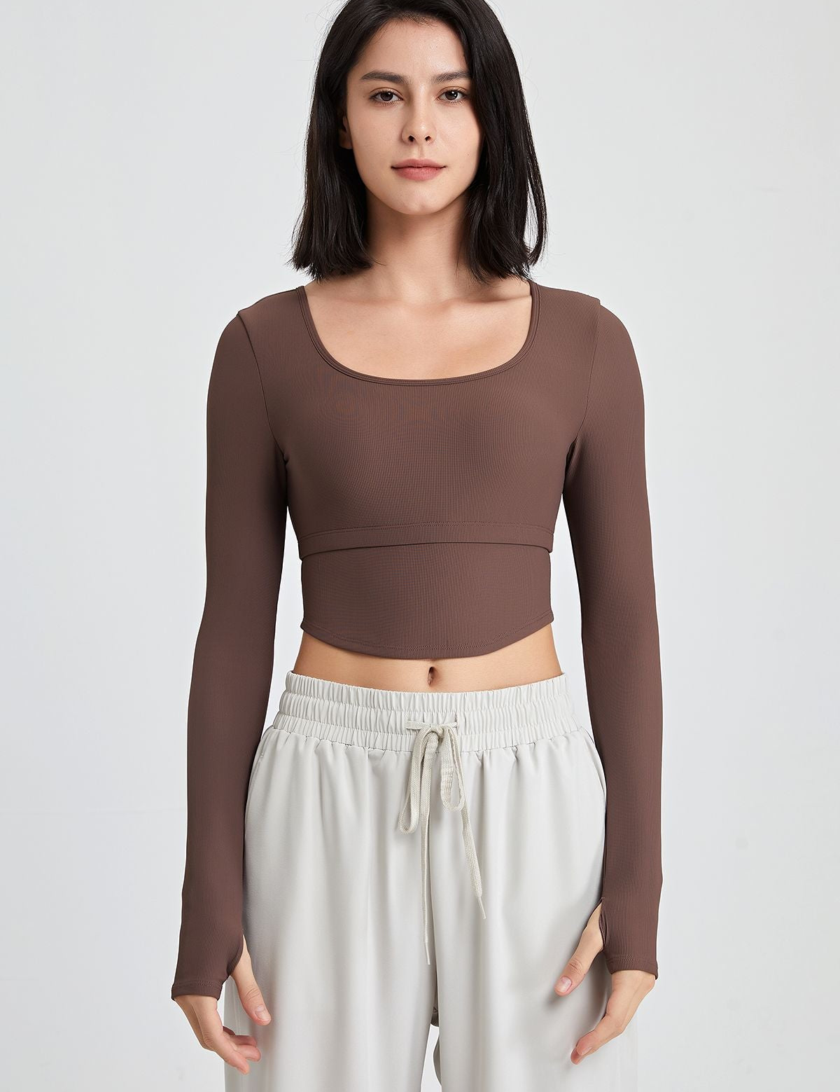 Ribbed Long Sleeve Crop Shirts with Built In Bra by bornfocus