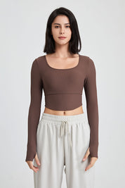 Ribbed Long Sleeve Crop Shirts with Built In Bra by bornfocus