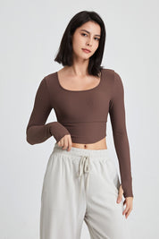 Ribbed Long Sleeve Crop Shirts with Built In Bra by bornfocus