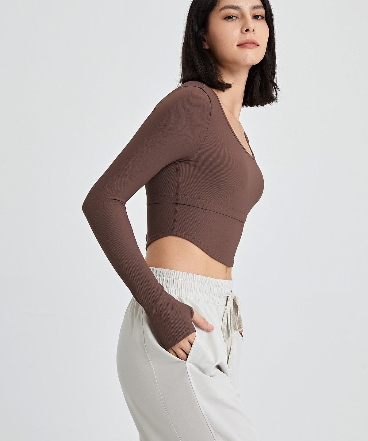 Ribbed Long Sleeve Crop Shirts with Built In Bra by bornfocus