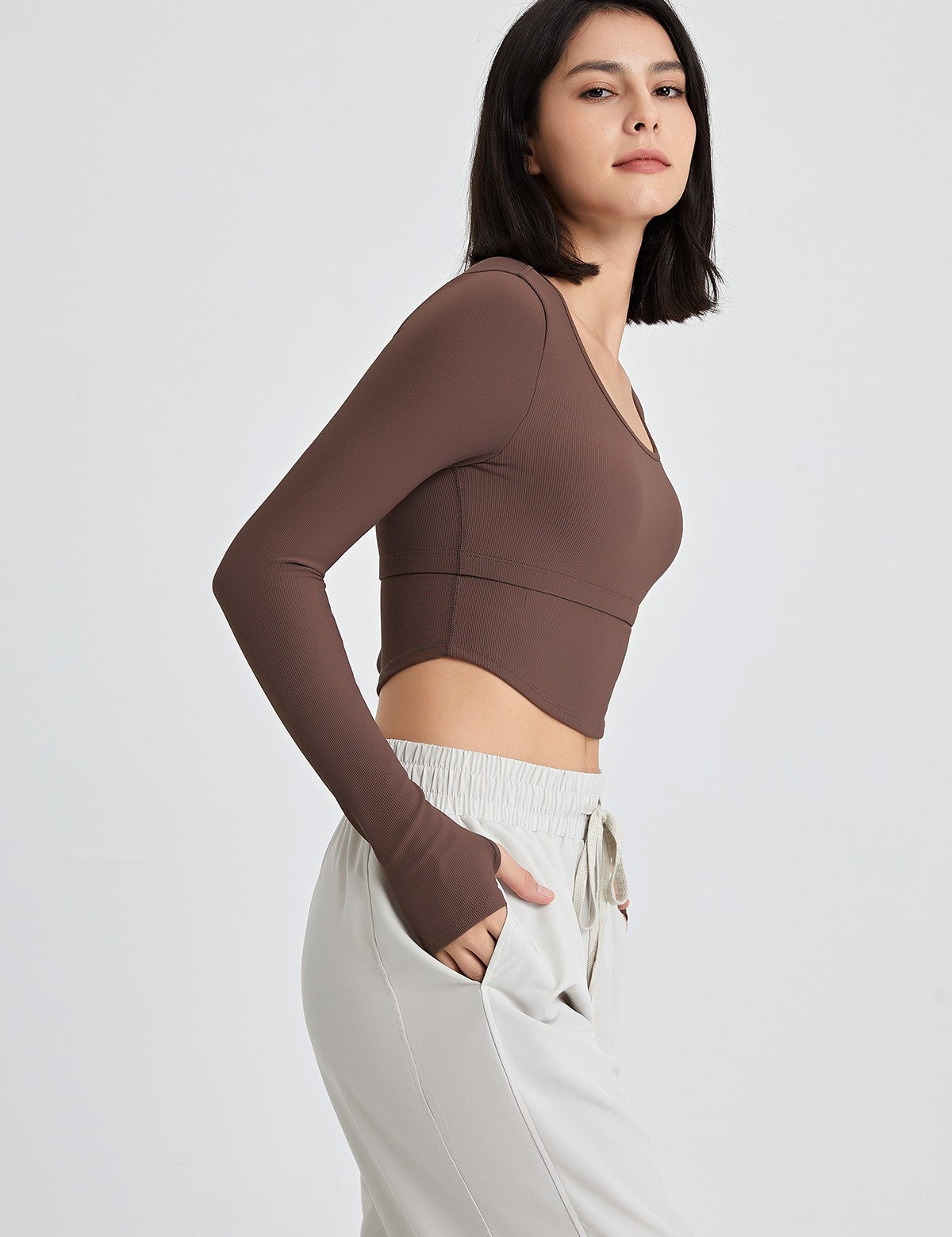 Ribbed Long Sleeve Crop Shirts with Built In Bra by bornfocus