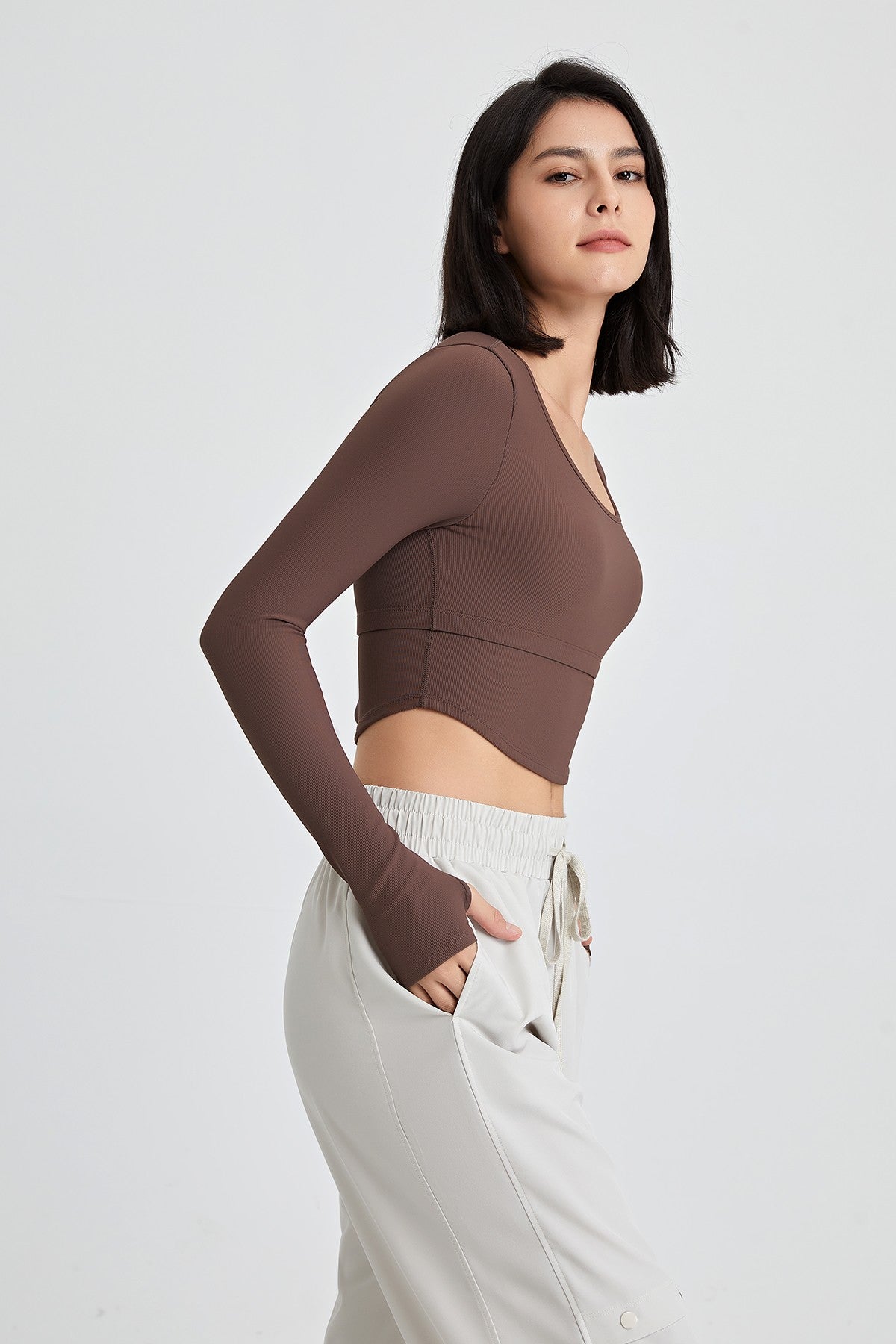 Ribbed Long Sleeve Crop Shirts with Built In Bra by bornfocus