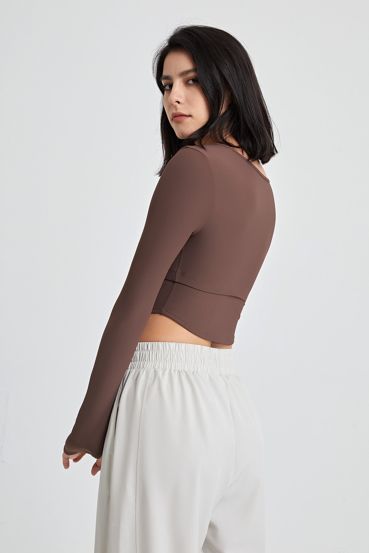 Ribbed Long Sleeve Crop Shirts with Built In Bra by bornfocus