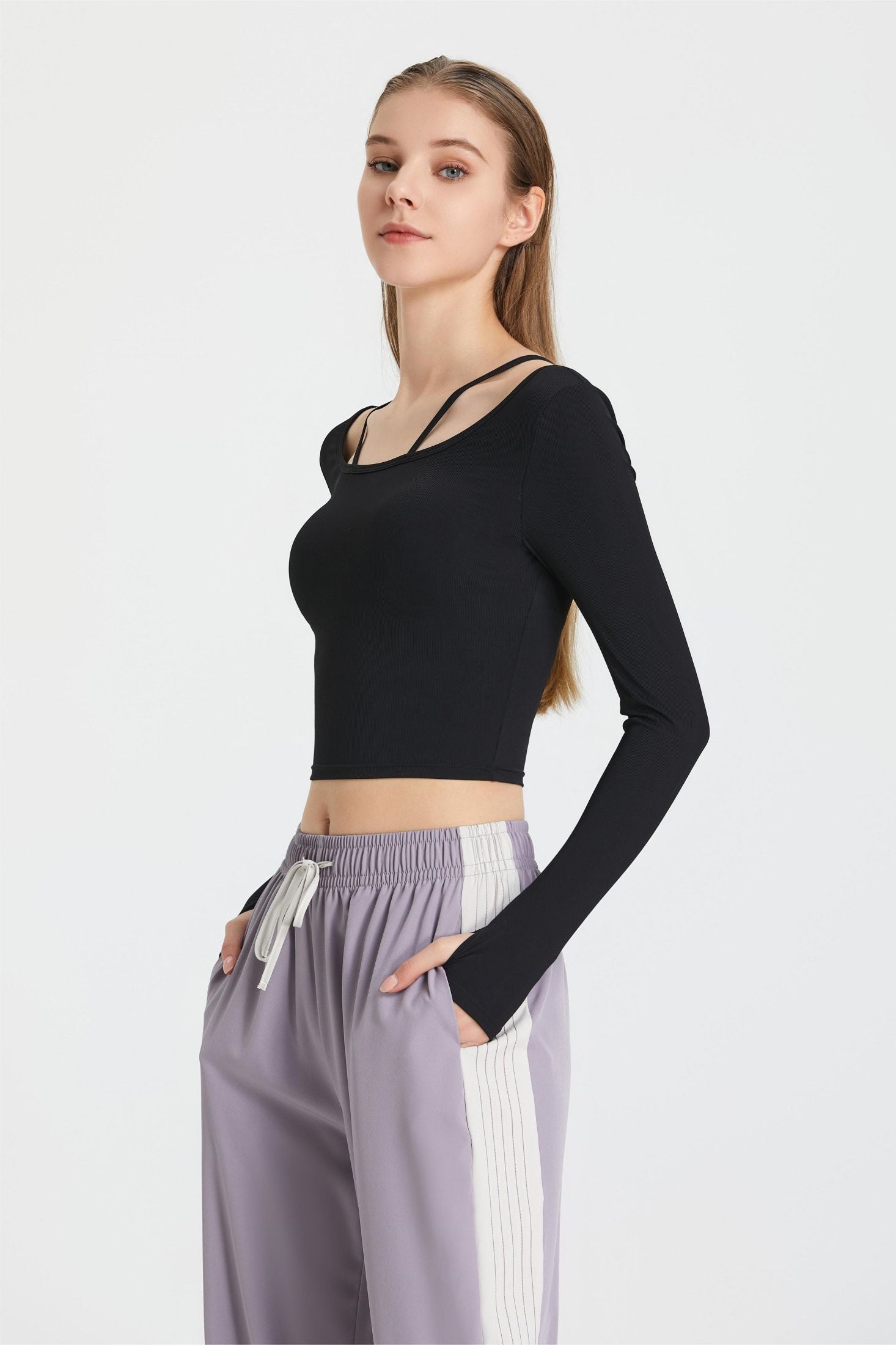 Ribbed Long Sleeve Top with Built-In Bra by bornfocus