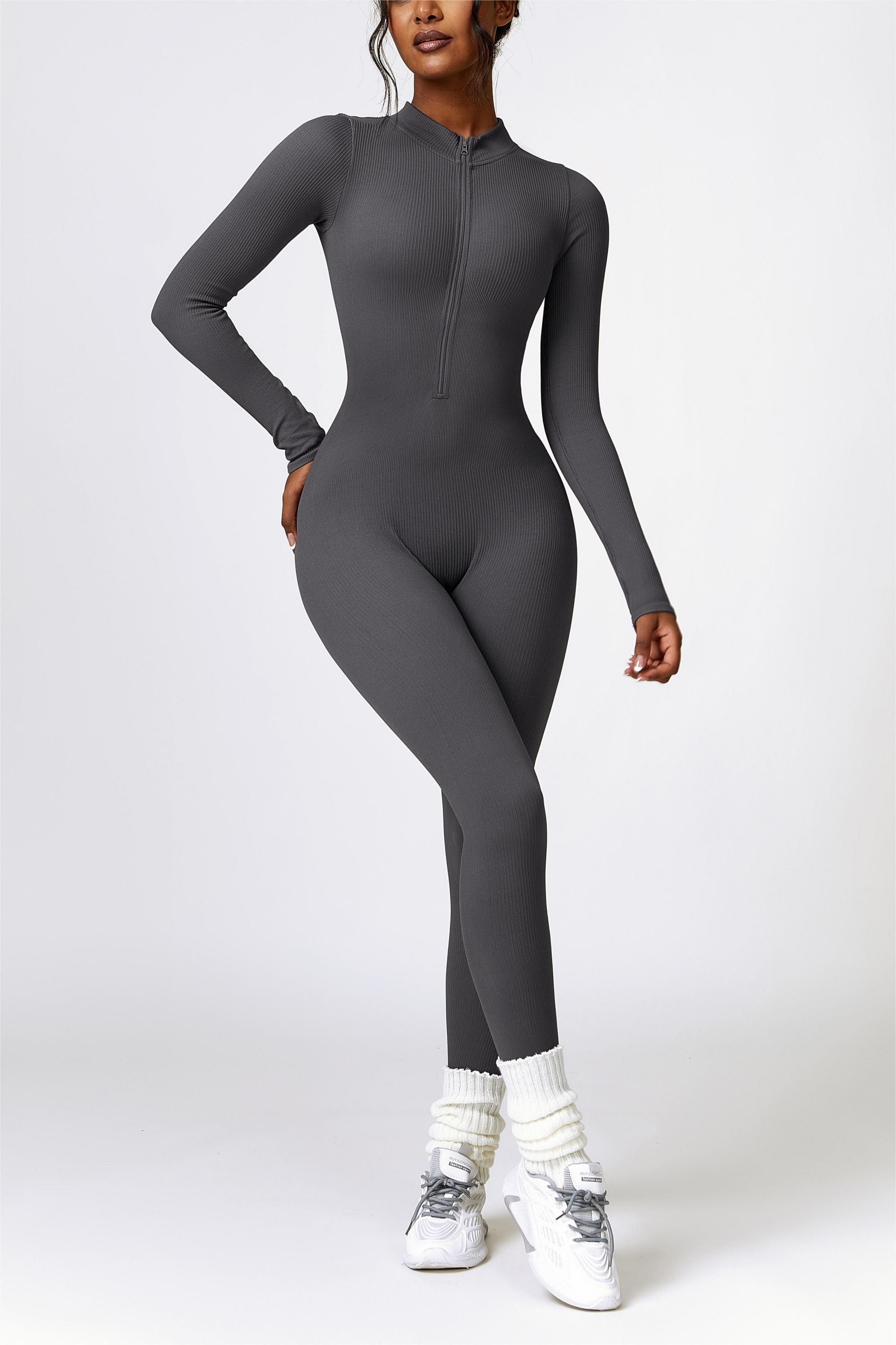 ZipFlex Ribbed Long-Sleeve Active Jumpsuit by bornfocus