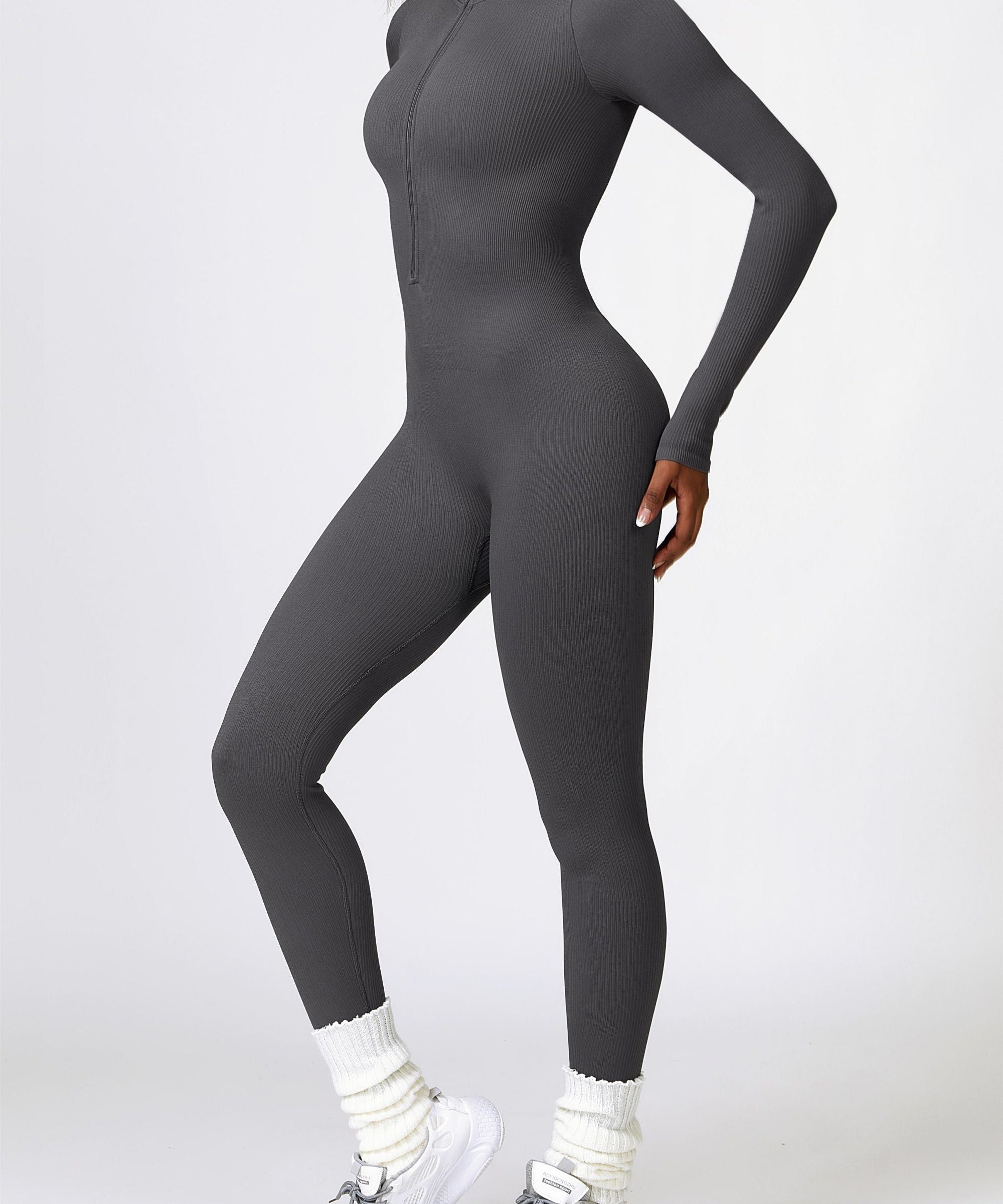 ZipFlex Ribbed Long-Sleeve Active Jumpsuit by bornfocus