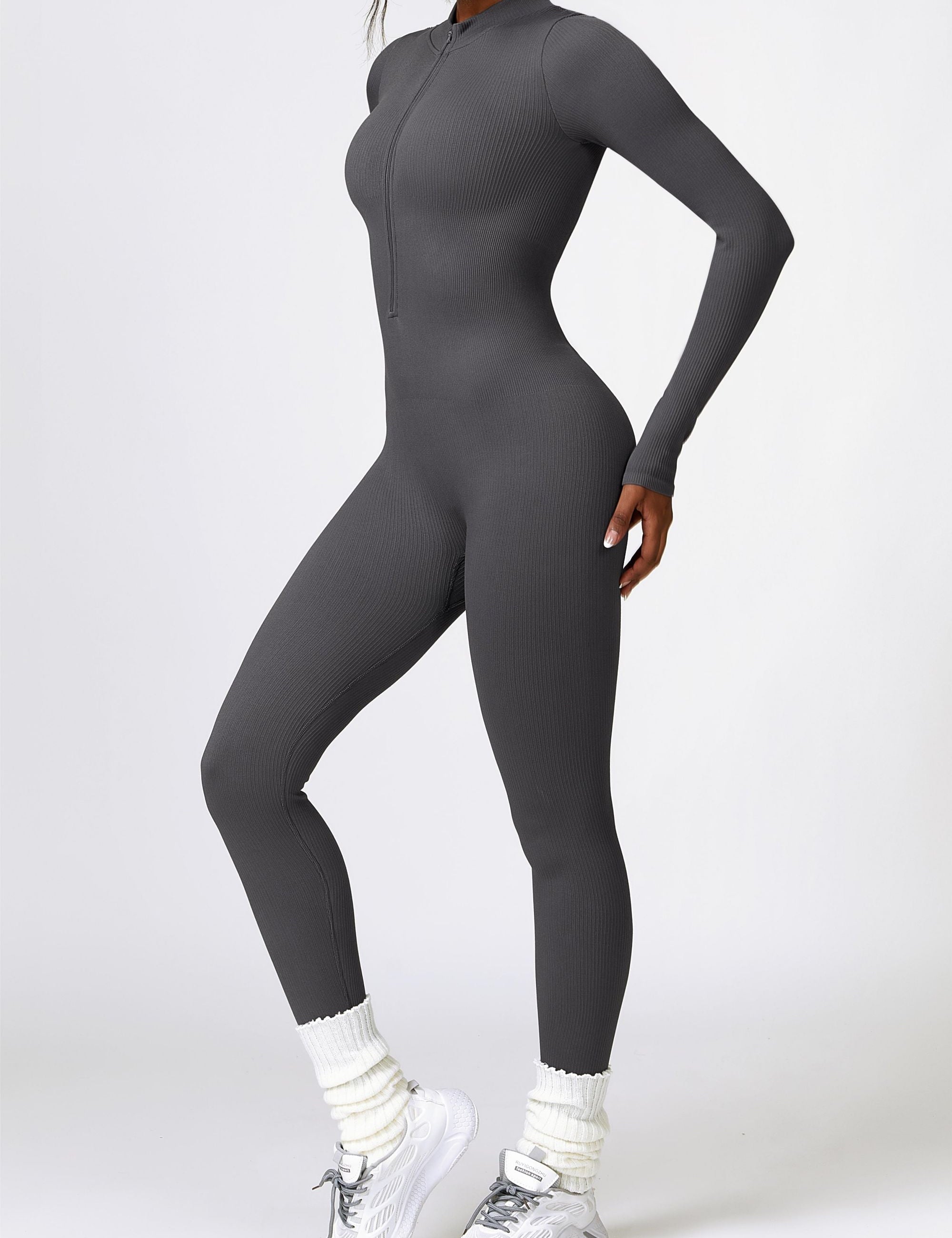 ZipFlex Ribbed Long-Sleeve Active Jumpsuit by bornfocus