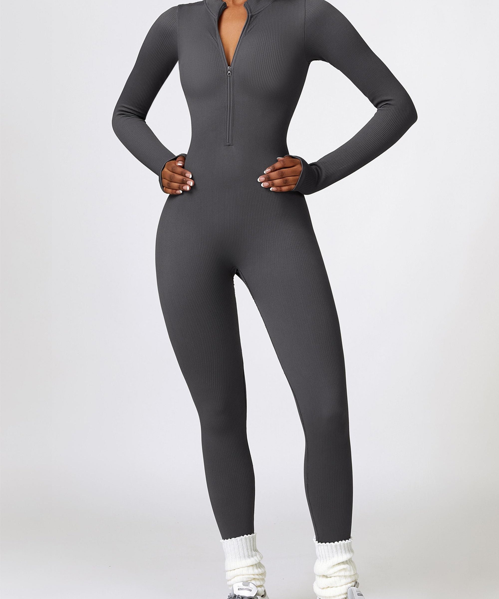 ZipFlex Ribbed Long-Sleeve Active Jumpsuit by bornfocus