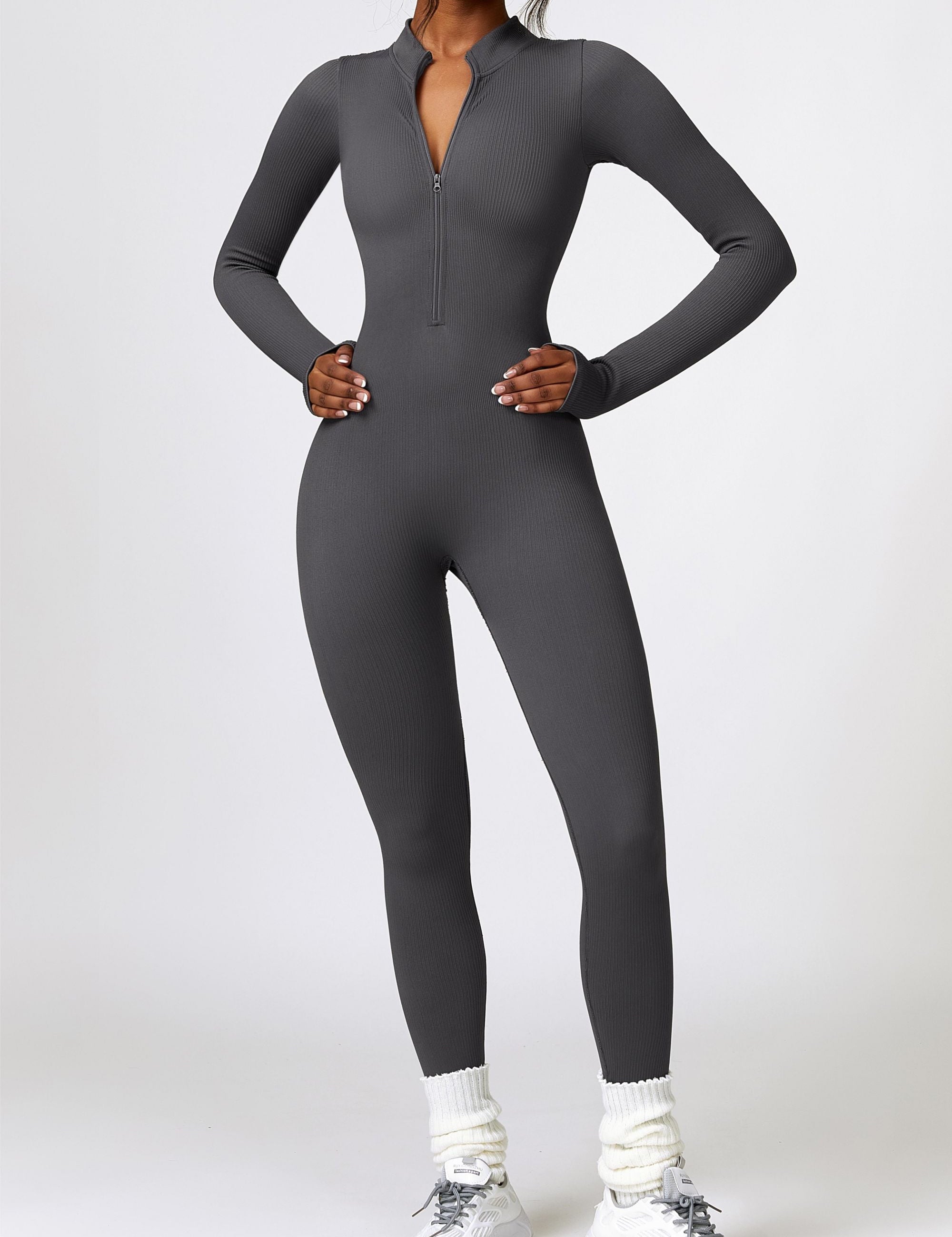 ZipFlex Ribbed Long-Sleeve Active Jumpsuit by bornfocus