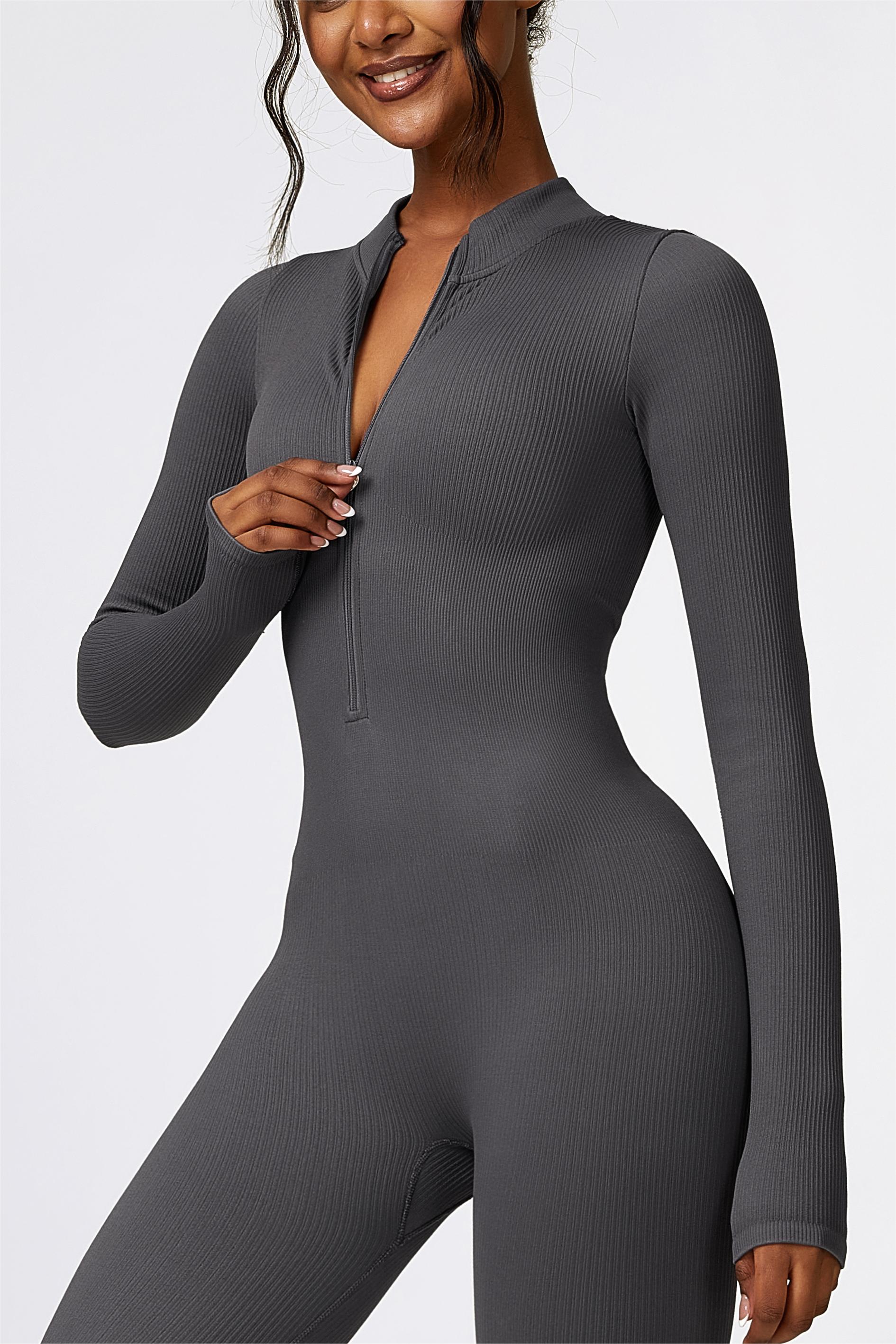 ZipFlex Ribbed Long-Sleeve Active Jumpsuit by bornfocus