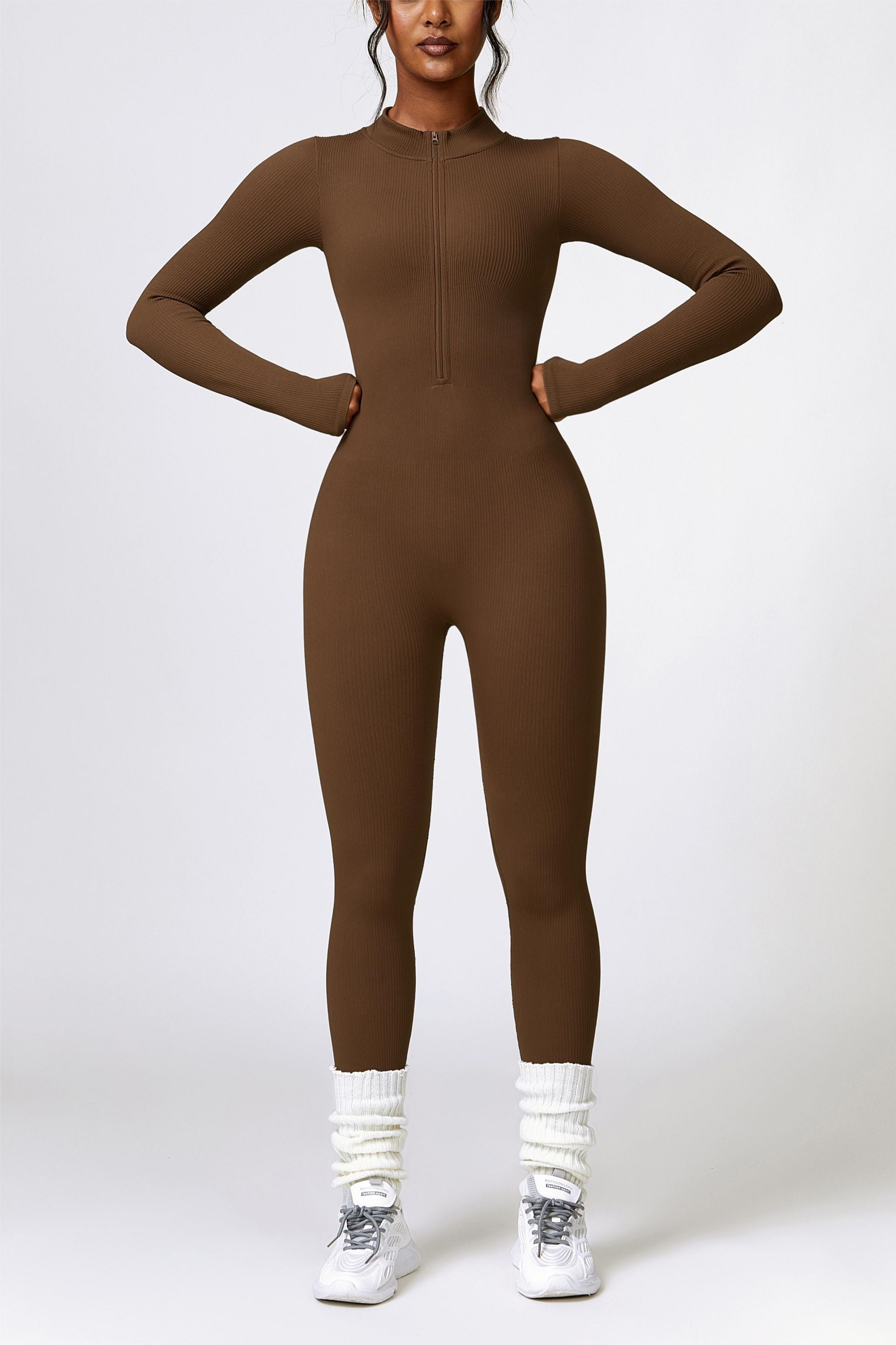 ZipFlex Ribbed Long-Sleeve Active Jumpsuit by bornfocus