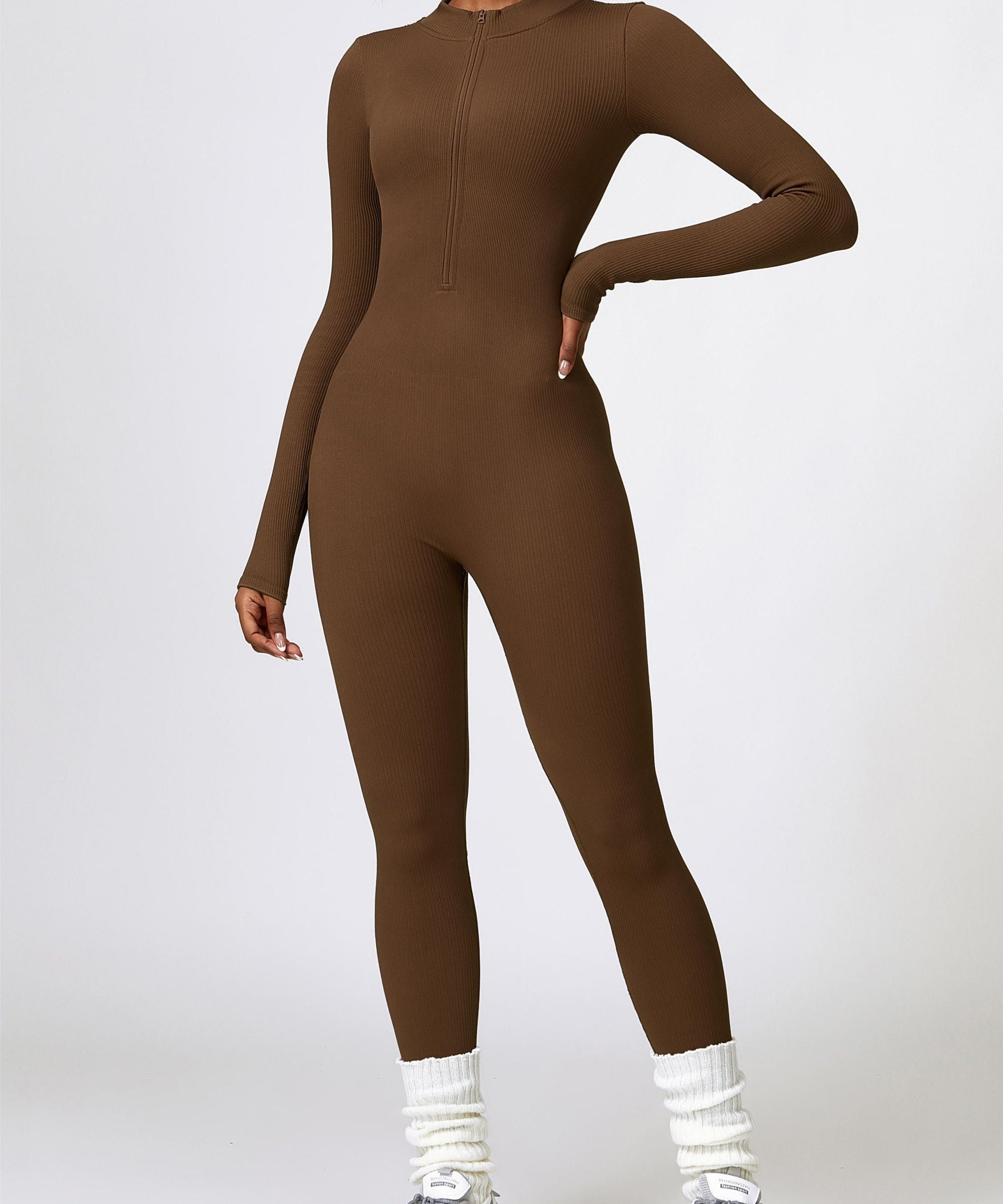 ZipFlex Ribbed Long-Sleeve Active Jumpsuit by bornfocus