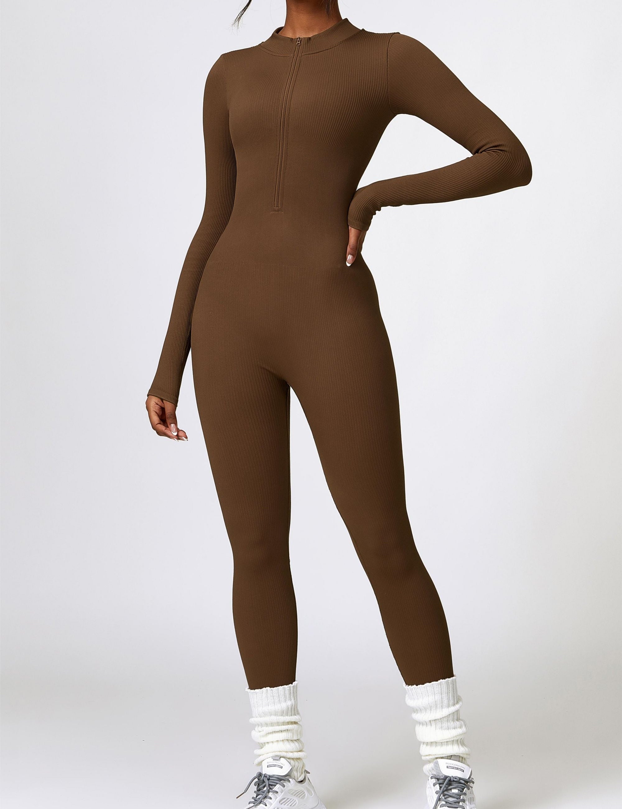 ZipFlex Ribbed Long-Sleeve Active Jumpsuit by bornfocus