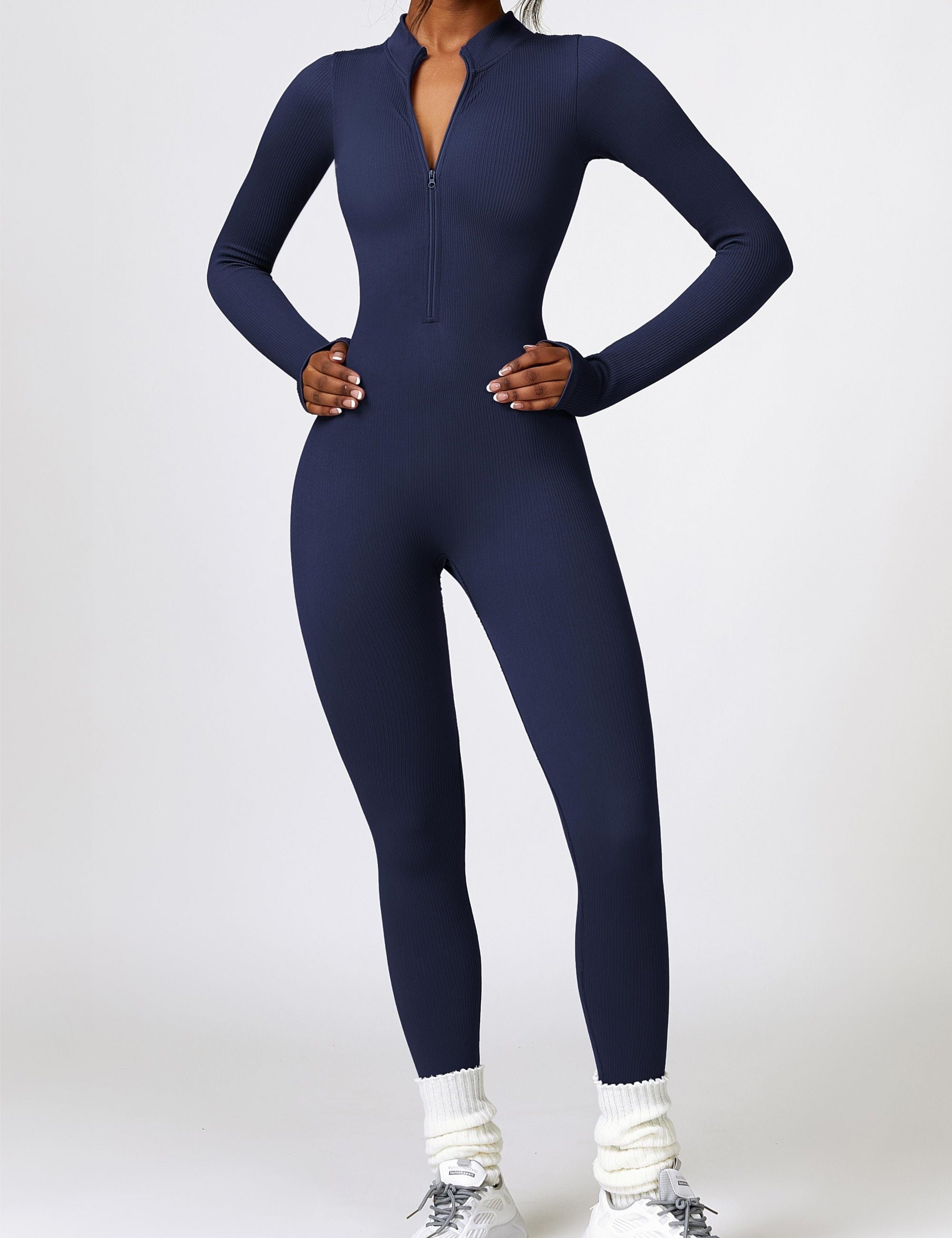 ZipFlex Ribbed Long-Sleeve Active Jumpsuit by bornfocus