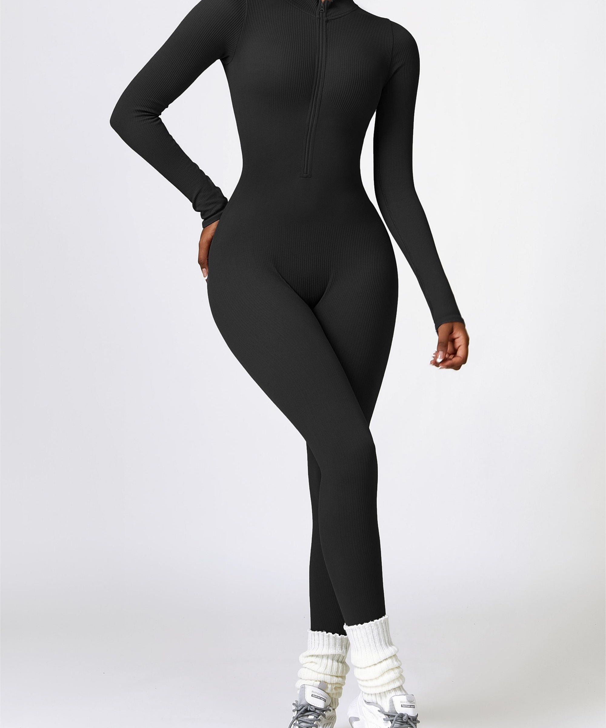 ZipFlex Ribbed Long-Sleeve Active Jumpsuit by bornfocus