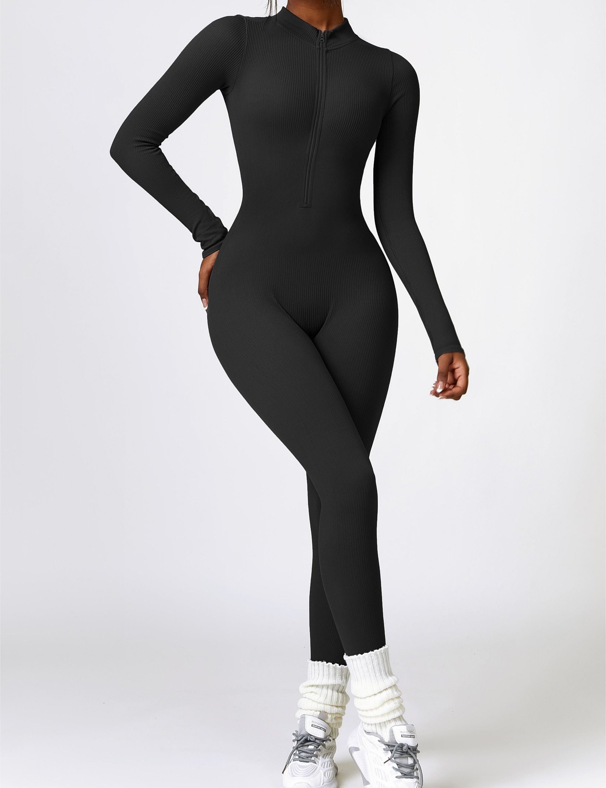 ZipFlex Ribbed Long-Sleeve Active Jumpsuit by bornfocus