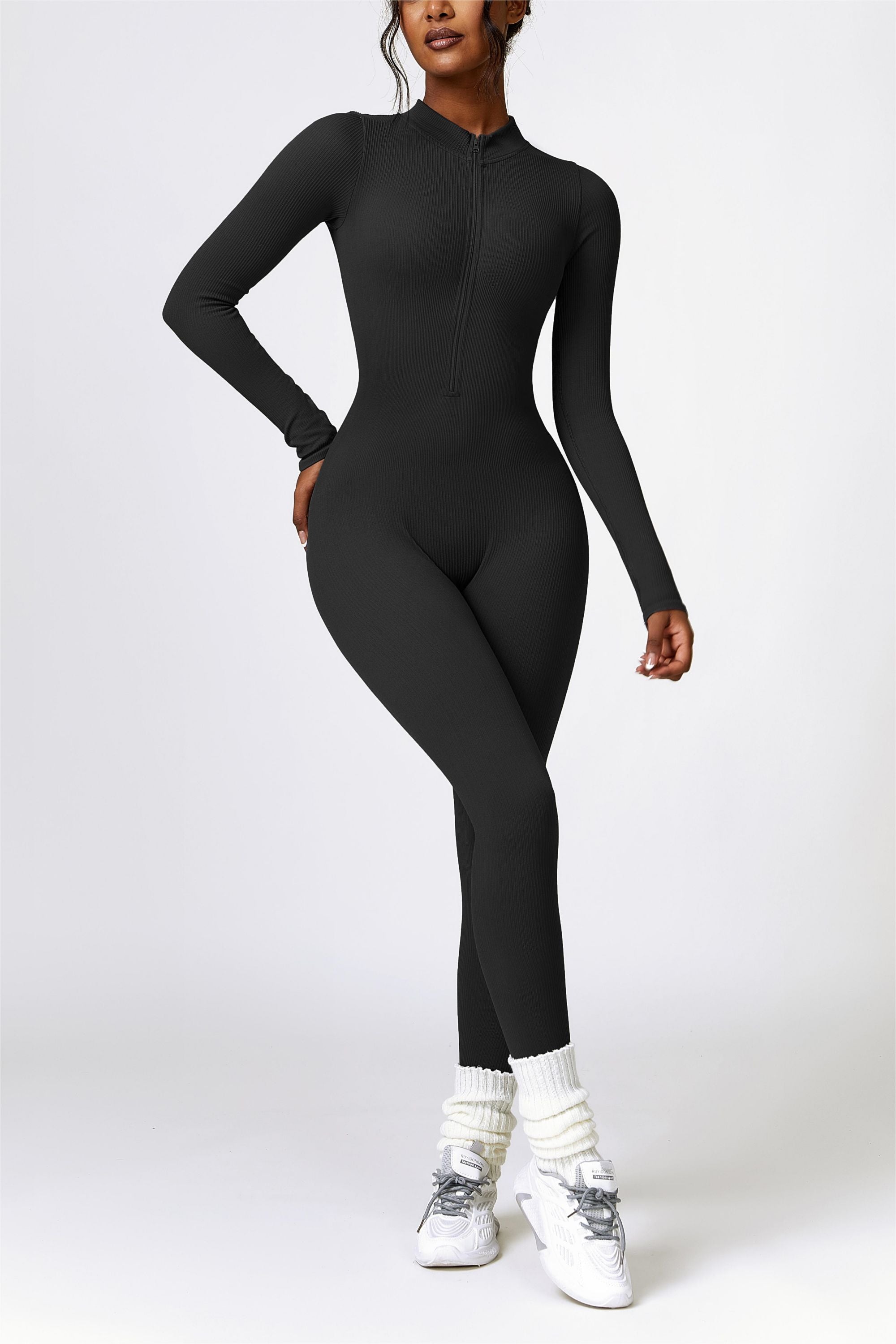 ZipFlex Ribbed Long-Sleeve Active Jumpsuit by bornfocus