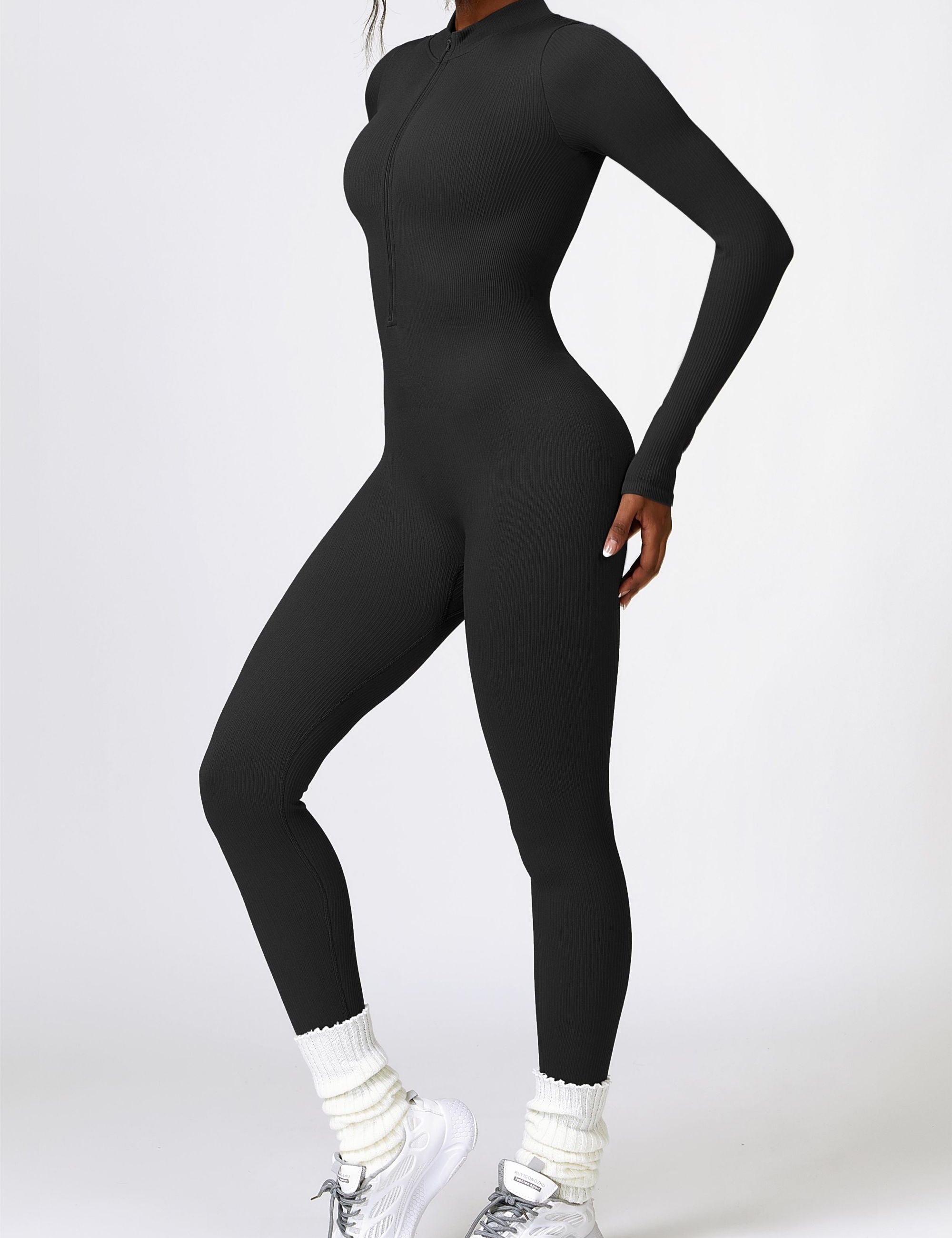 ZipFlex Ribbed Long-Sleeve Active Jumpsuit by bornfocus