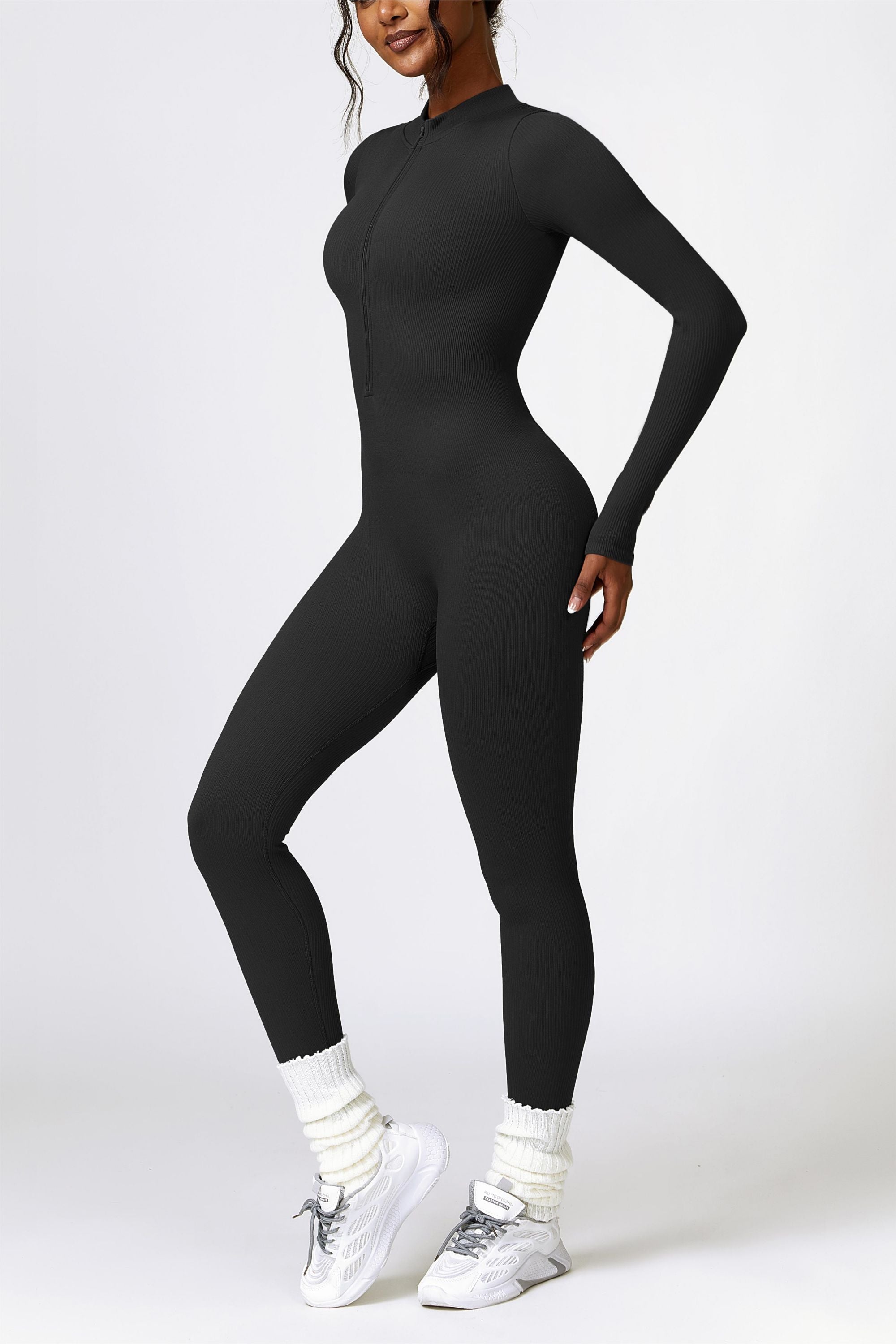 ZipFlex Ribbed Long-Sleeve Active Jumpsuit by bornfocus