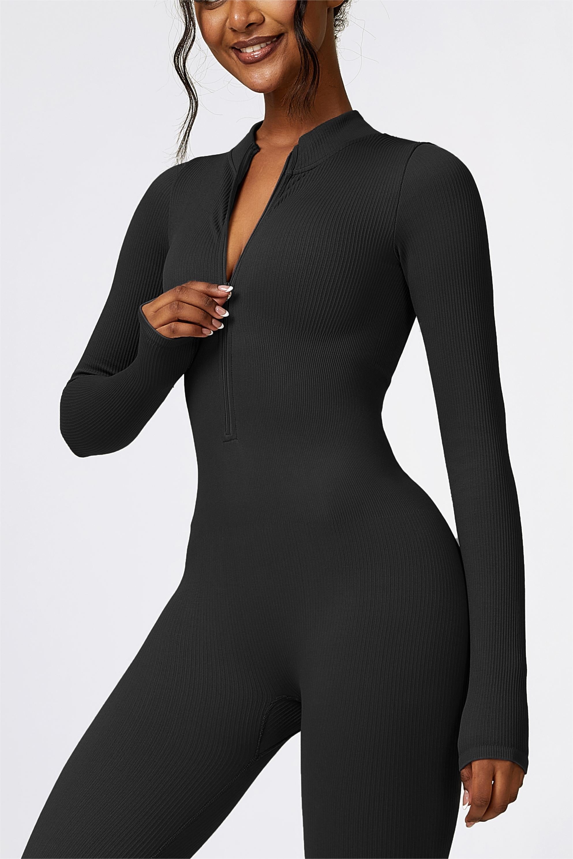 ZipFlex Ribbed Long-Sleeve Active Jumpsuit by bornfocus