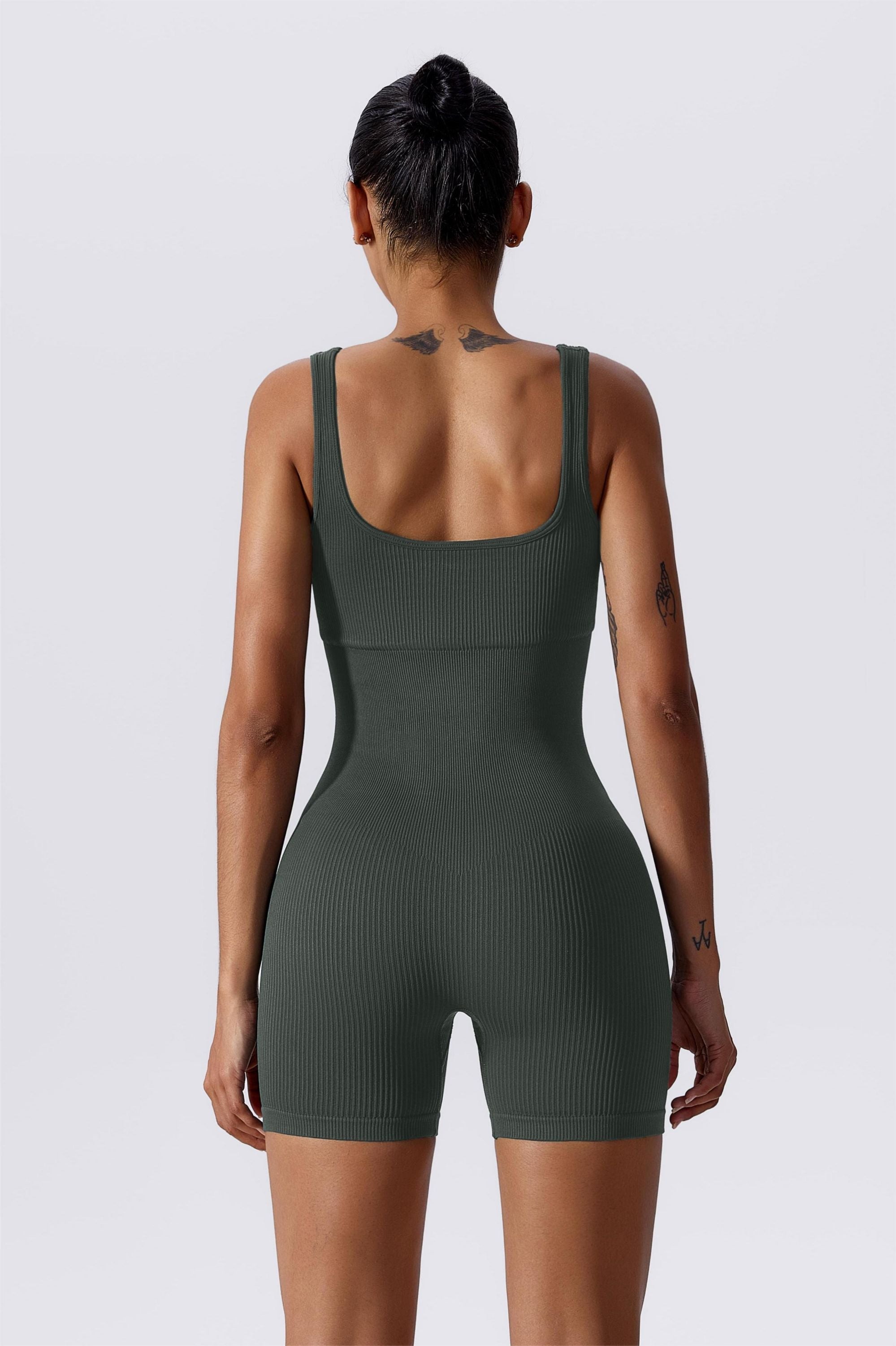 Ribbed Sculpted Scoop Neck Open Back Shortsie by bornfocus