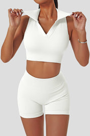 Ribbed Lapel Collar Crop Tank Tops by bornfocus