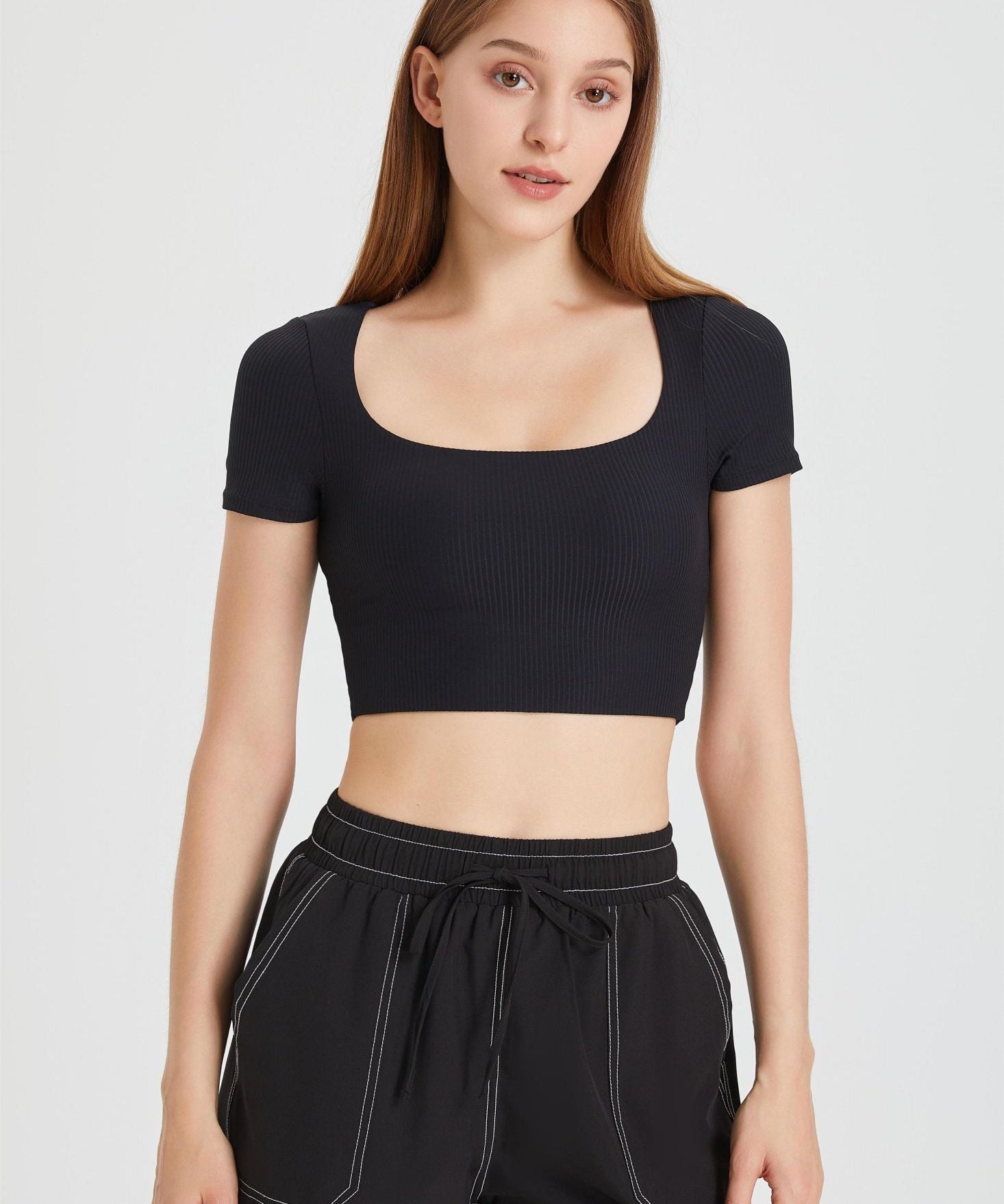 Ribbed Short Sleeve Top with Built-In Bra by bornfocus