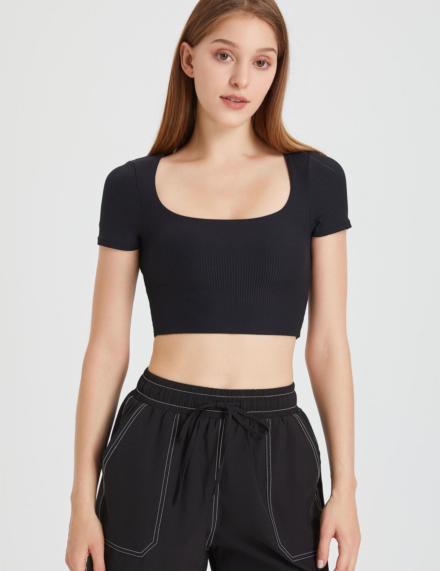 Ribbed Short Sleeve Top with Built-In Bra by bornfocus