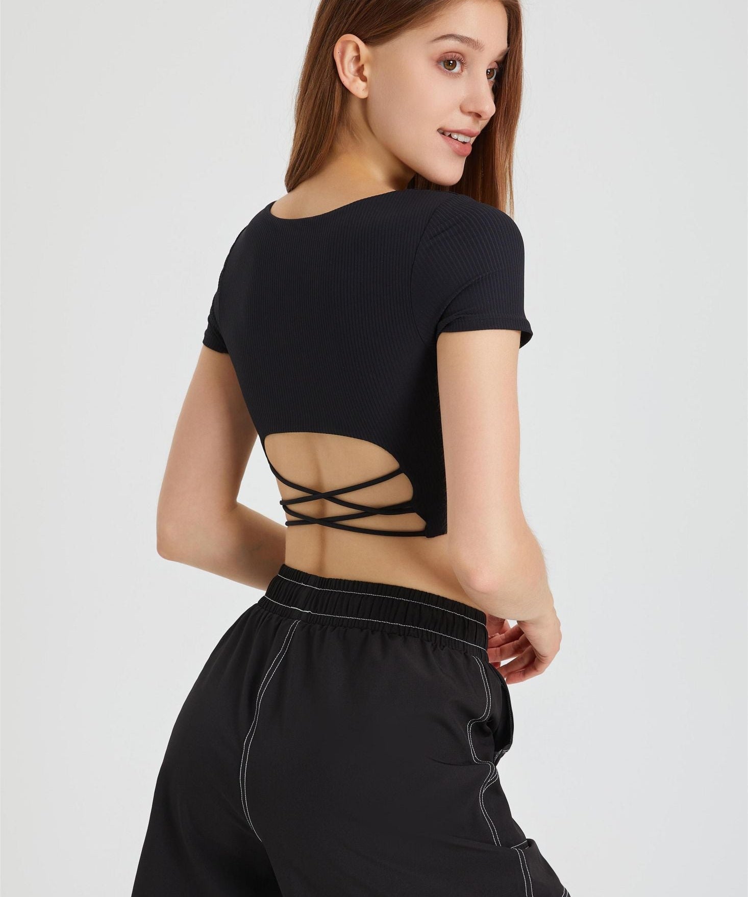 Ribbed Short Sleeve Top with Built-In Bra by bornfocus