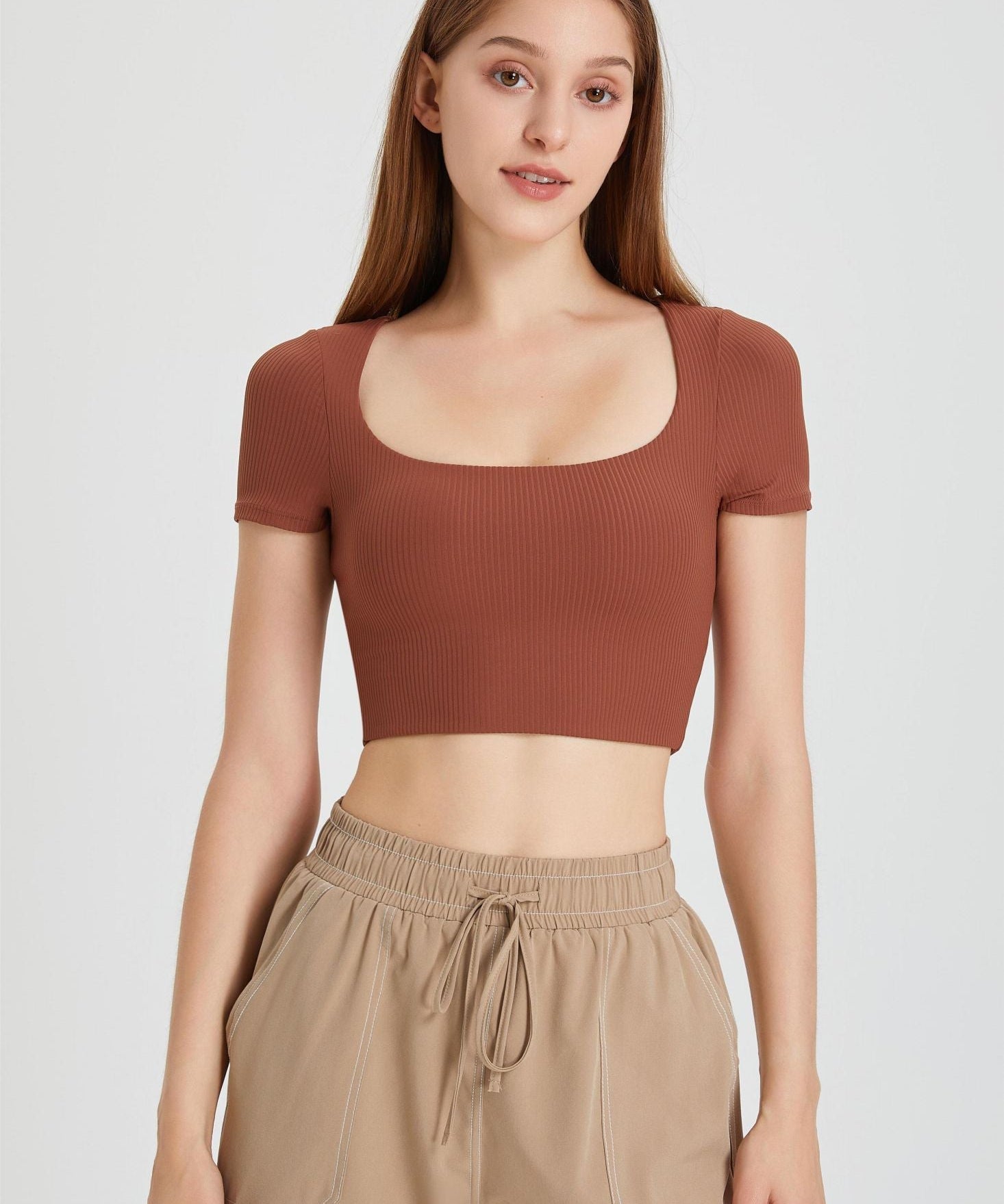 Ribbed Short Sleeve Top with Built-In Bra by bornfocus